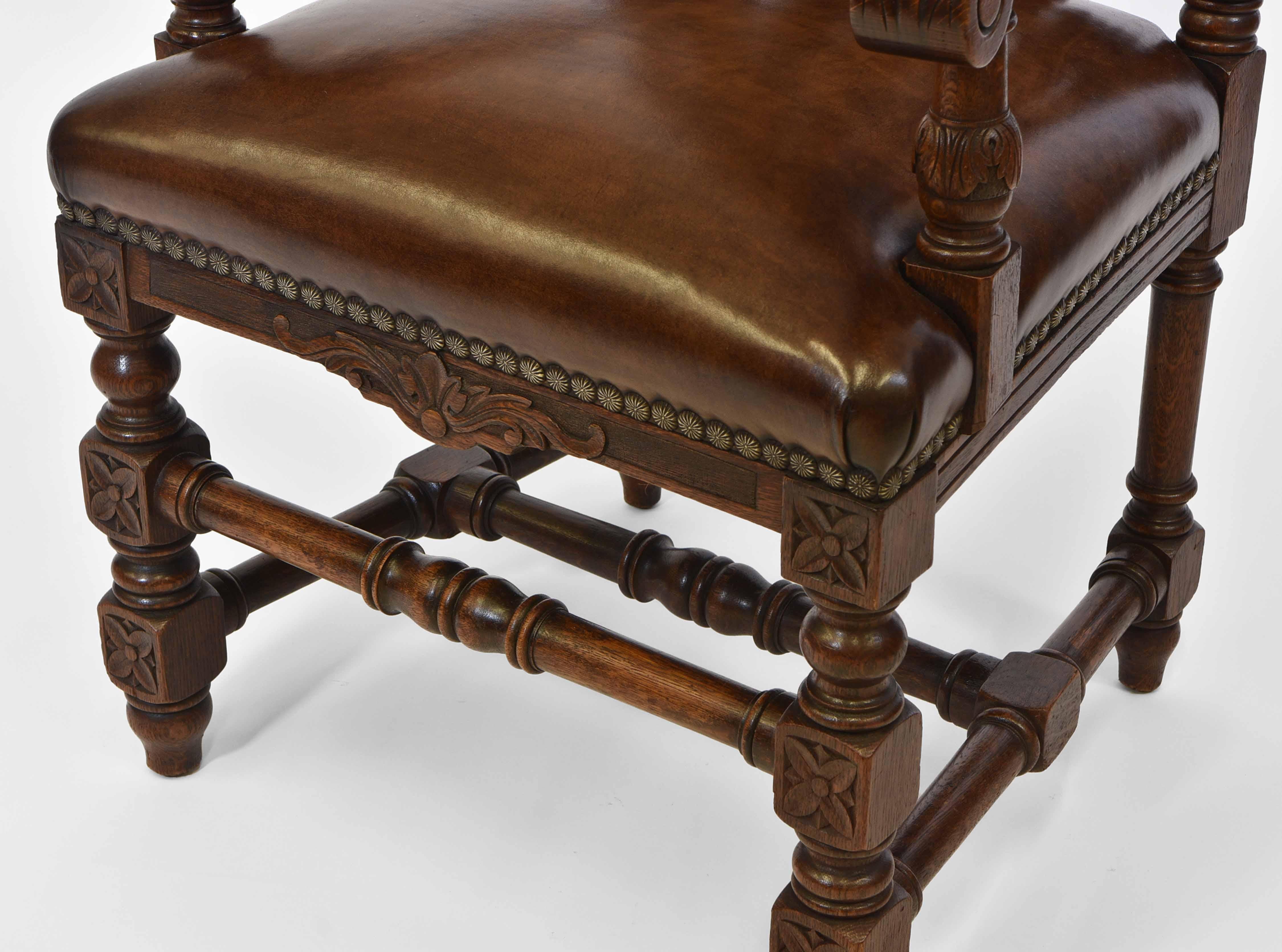 19th Century Exceptional Set Of 8 English Antique Carved Oak Hand Dyed Leather Dining Chairs