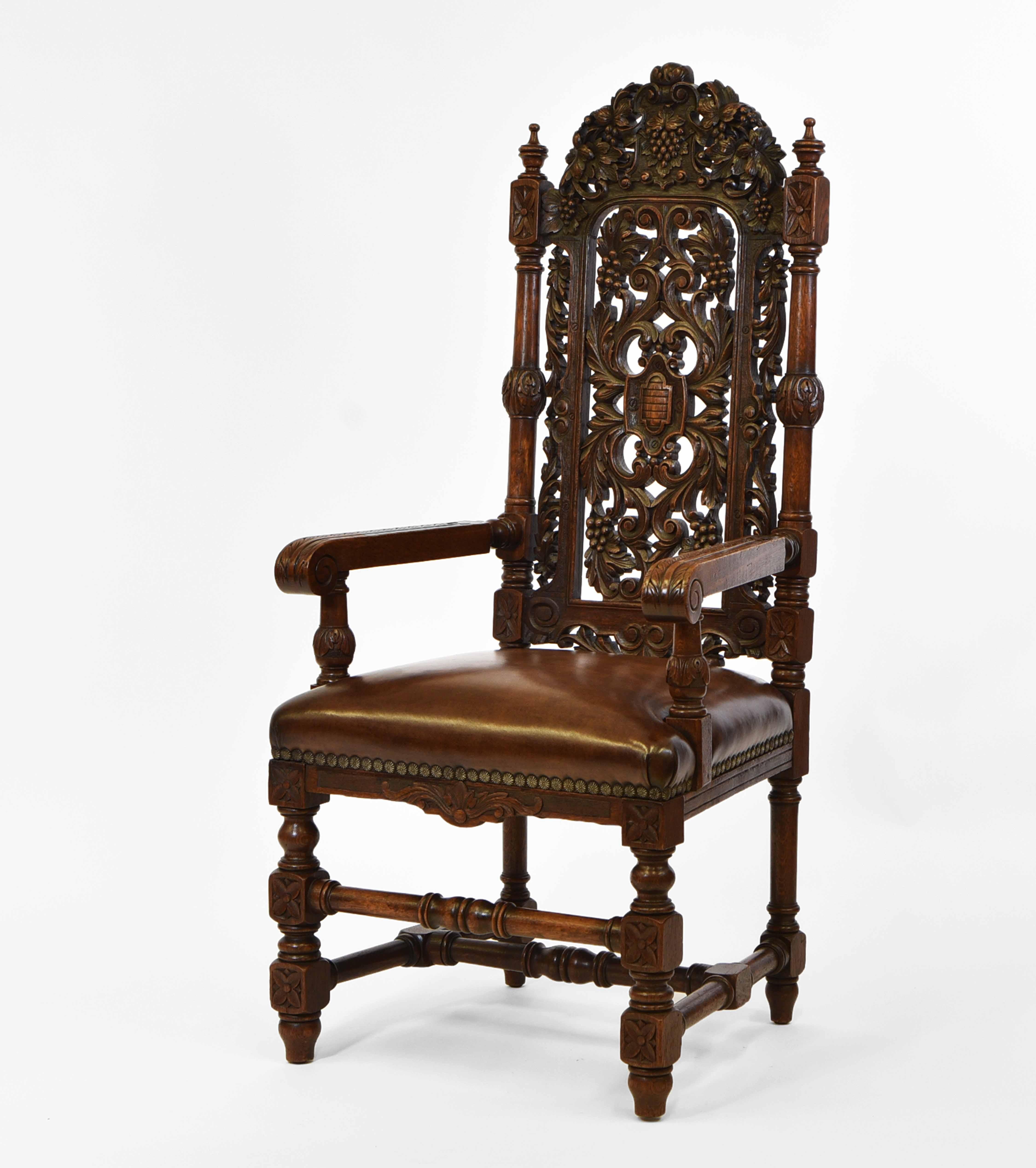 Exceptional Set Of 8 English Antique Carved Oak Hand Dyed Leather Dining Chairs 1