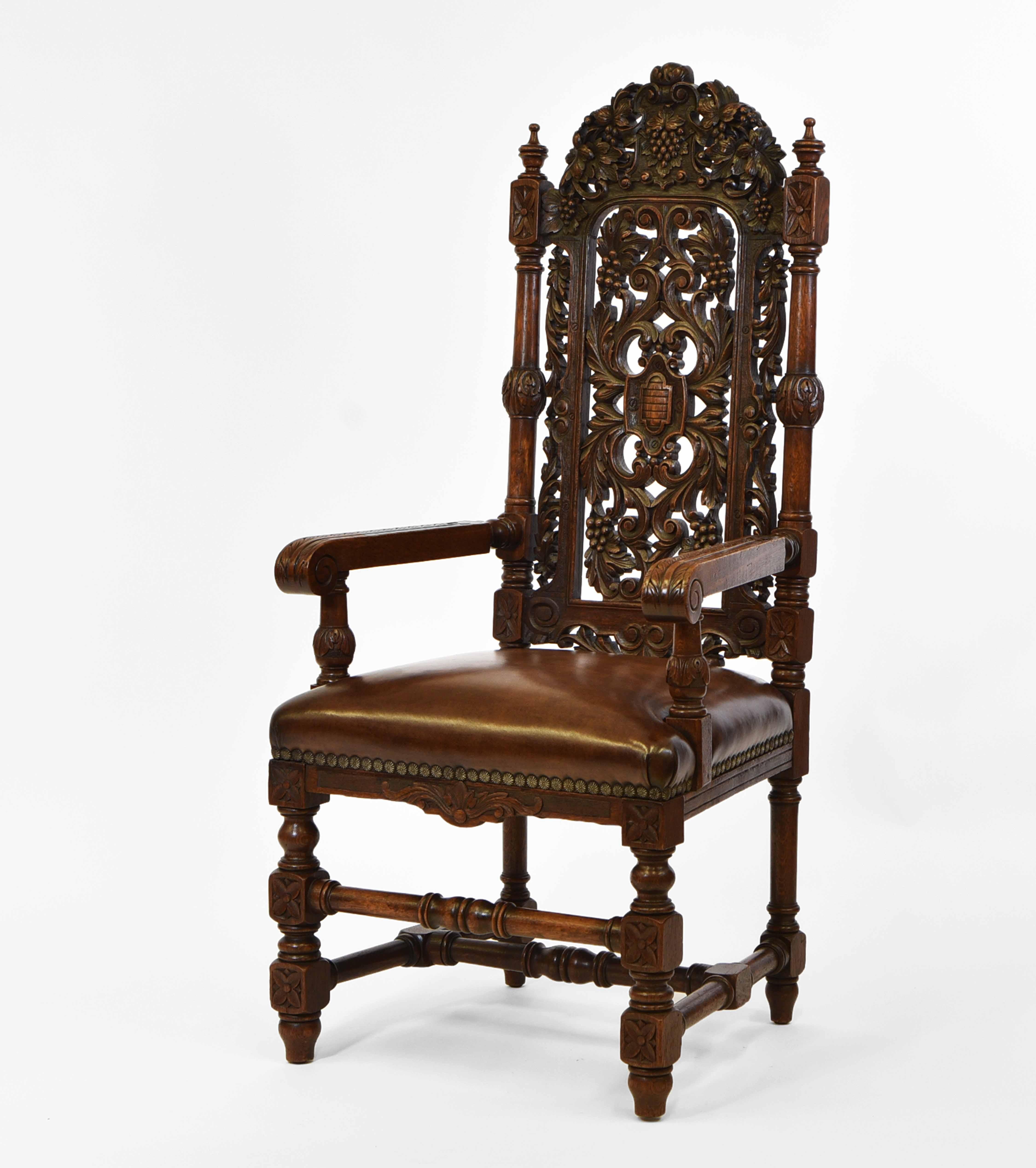 Exceptional Set Of 8 English Antique Carved Oak Hand Dyed Leather Dining Chairs 2