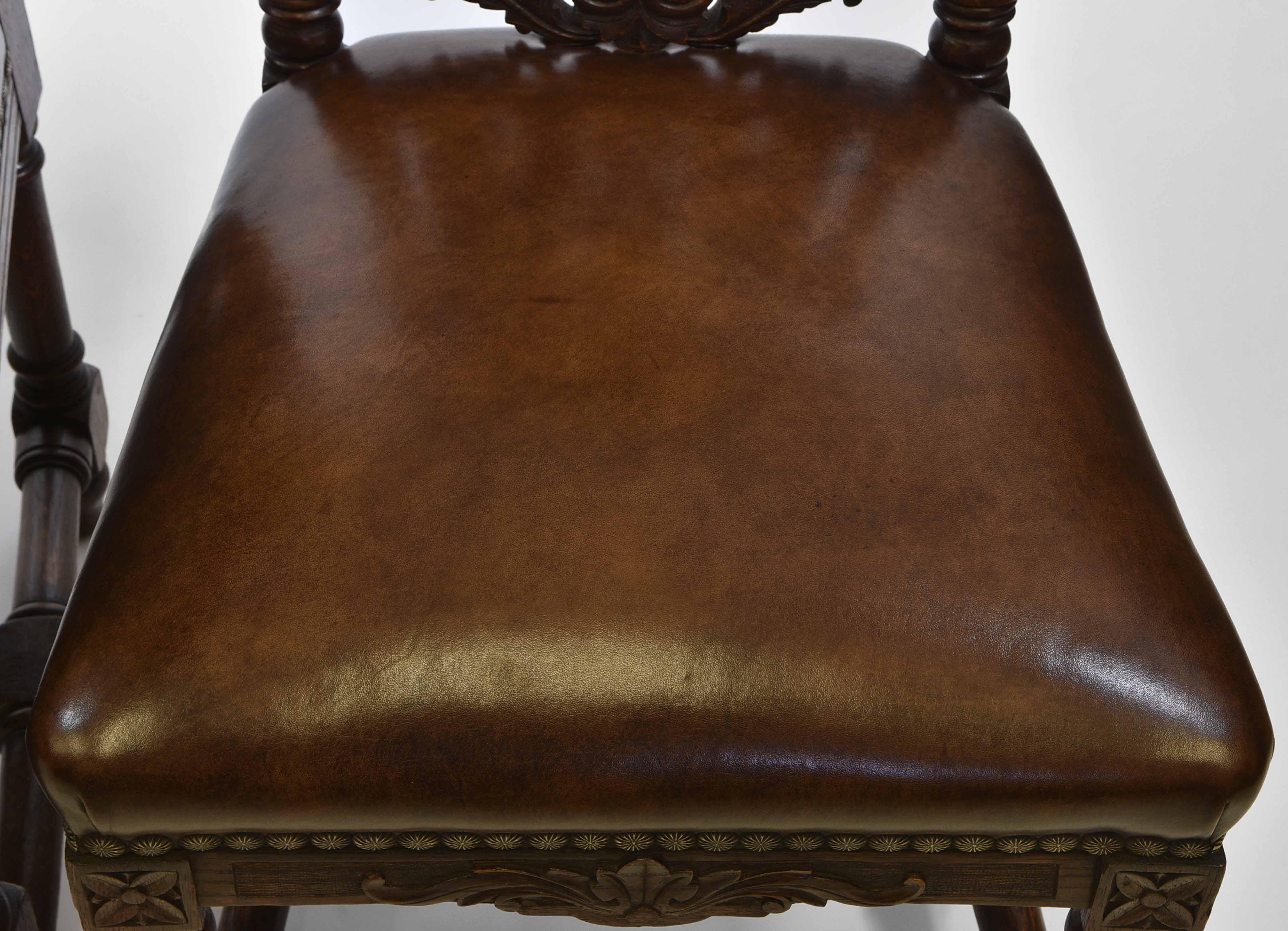 Exceptional Set Of 8 English Antique Carved Oak Hand Dyed Leather Dining Chairs 3