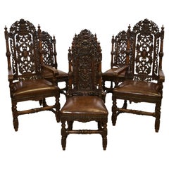 Exceptional Set Of 8 English Antique Carved Oak Hand Dyed Leather Dining Chairs