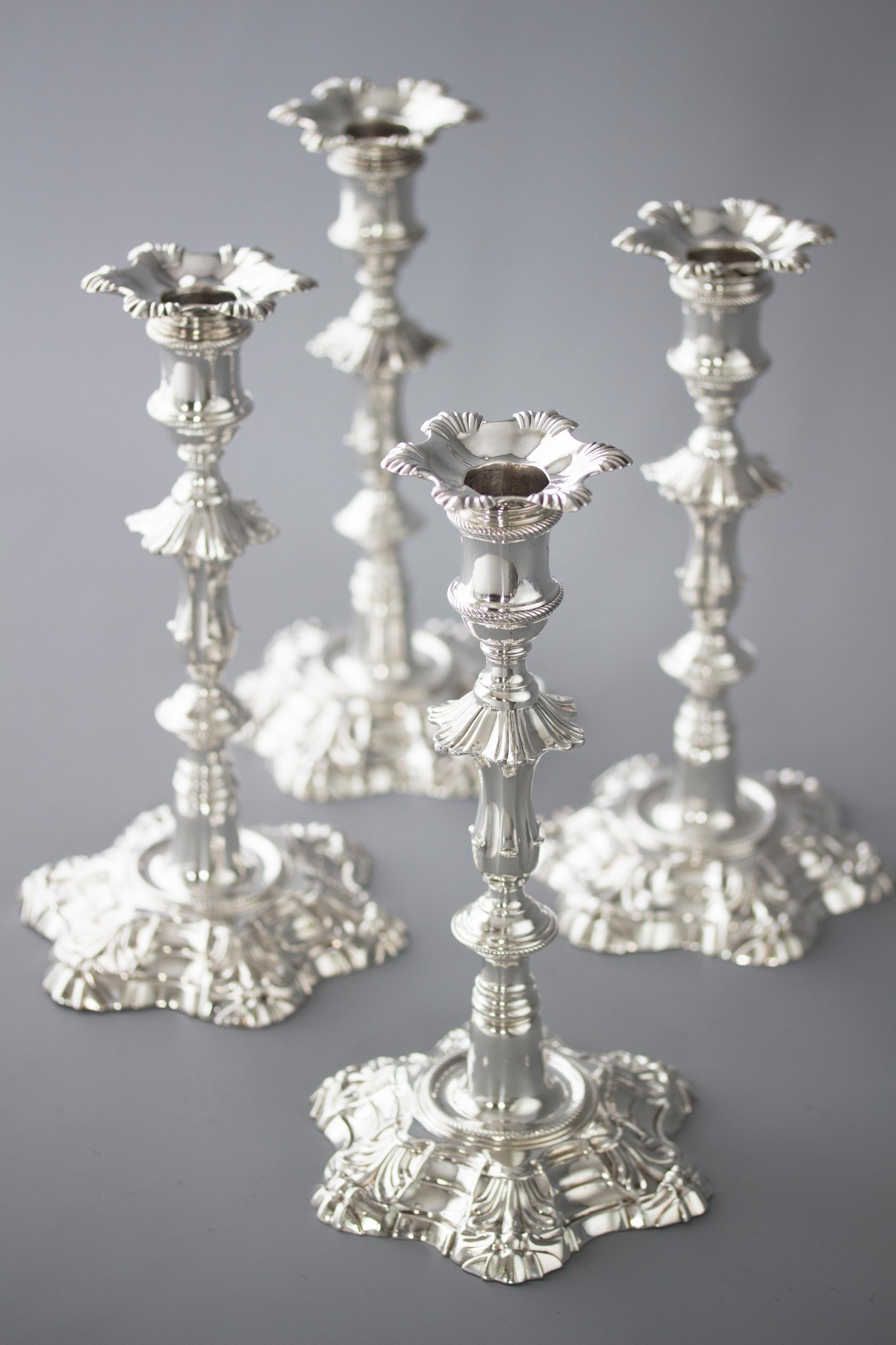 English Exceptional Set of Four Silver Candlesticks London 1757 by William Cafe