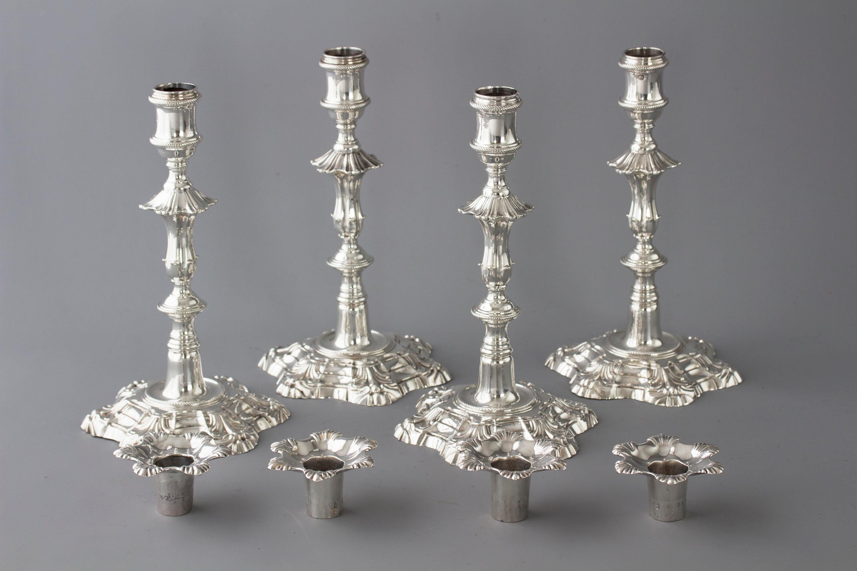 Mid-18th Century Exceptional Set of Four Silver Candlesticks London 1757 by William Cafe