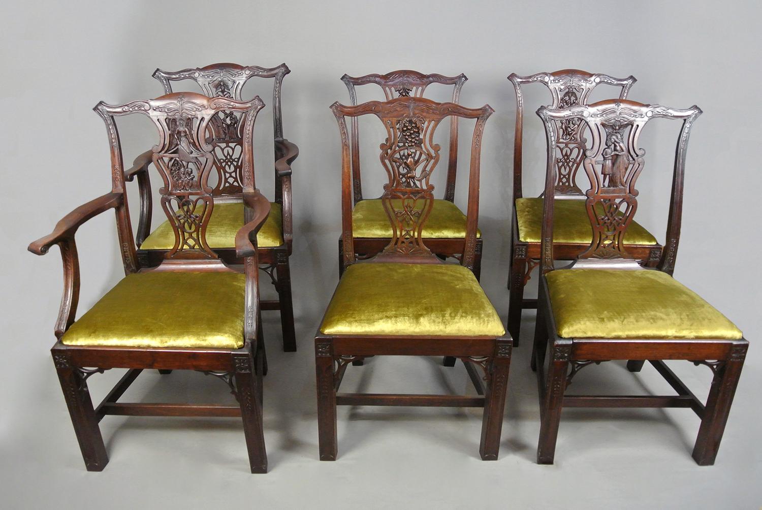 A beautiful and unique set of six original Arts and Crafts yew, oak and fruitwood dining chairs of exceptional quality and dating from c. 1880.
Made by a skilled craftsman completely by hand in the traditional manner, with pegged joints and each