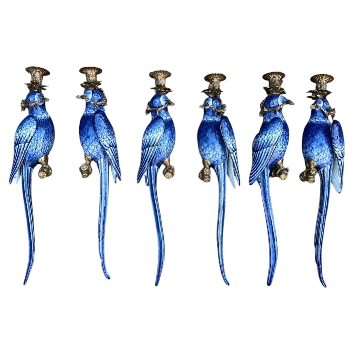 Exceptional Set of Six Blue Porcelain Parrot Wall Lights with Gilt Bronze Mounts