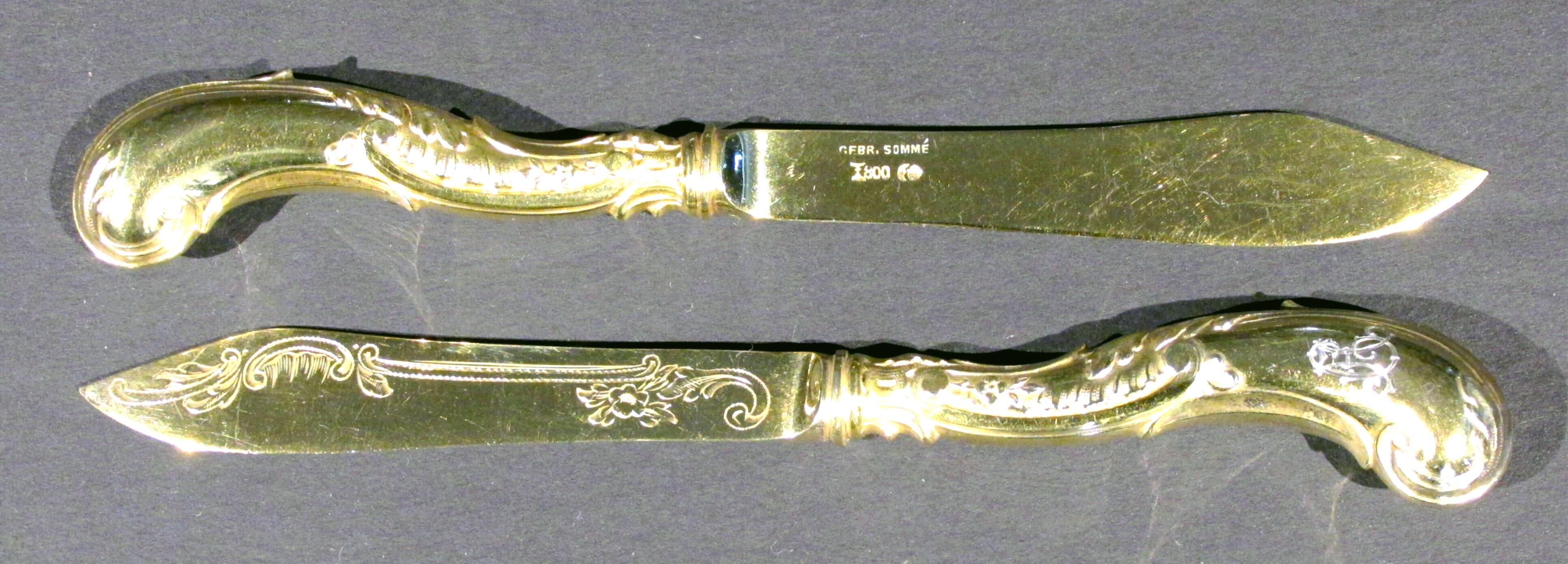 German An Exceptional Set of Twelve Art Nouveau Silver Gilt Fish Knives, circa 1900 For Sale