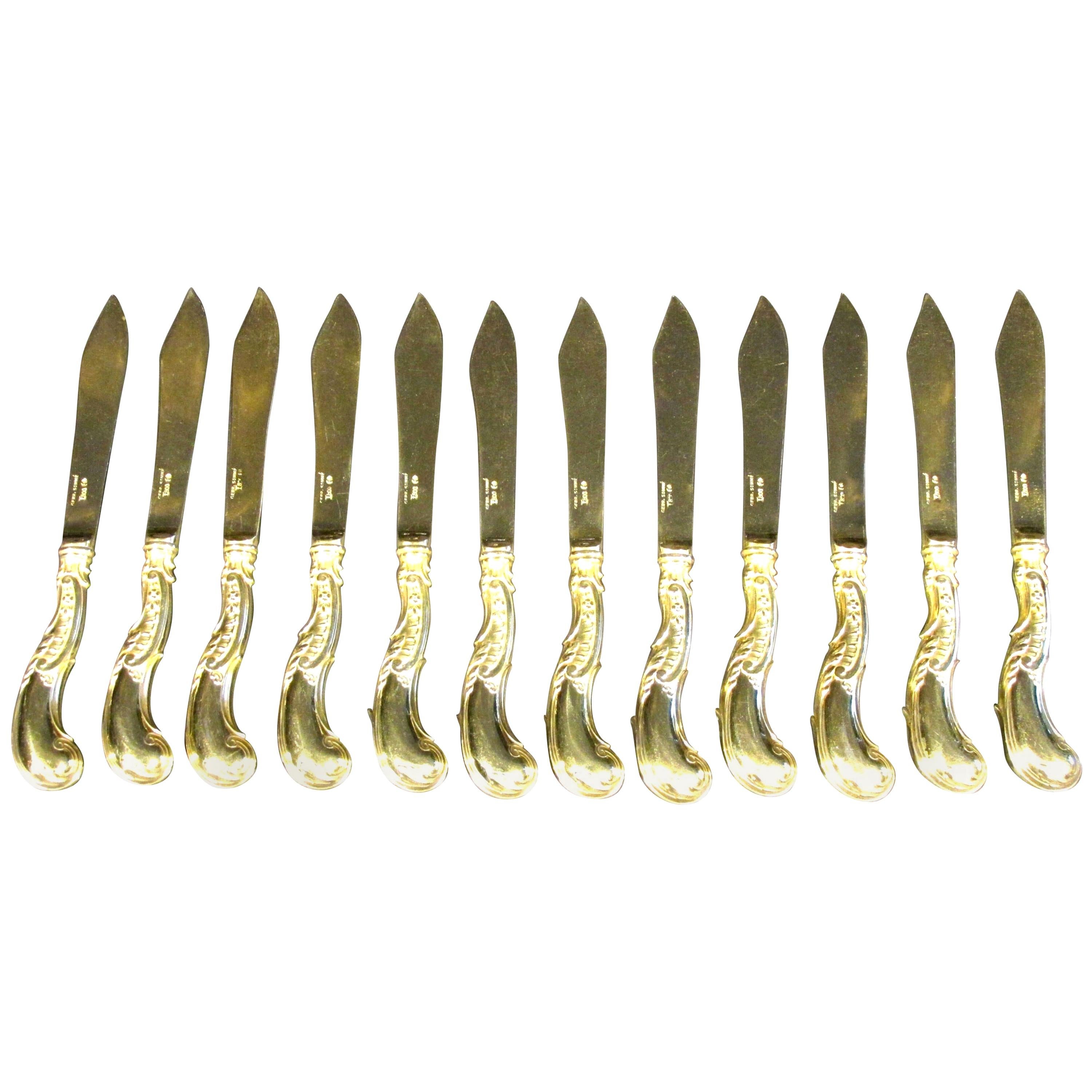 Exceptional Set of Twelve Art Nouveau Silver Gilt Fish Knives, circa 1900 For Sale