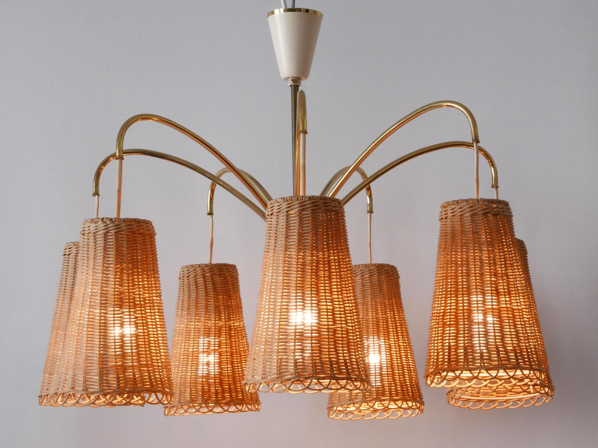 Exceptional SevenArmed Rattan Brass Chandelier or Pendant Lamp Sweden