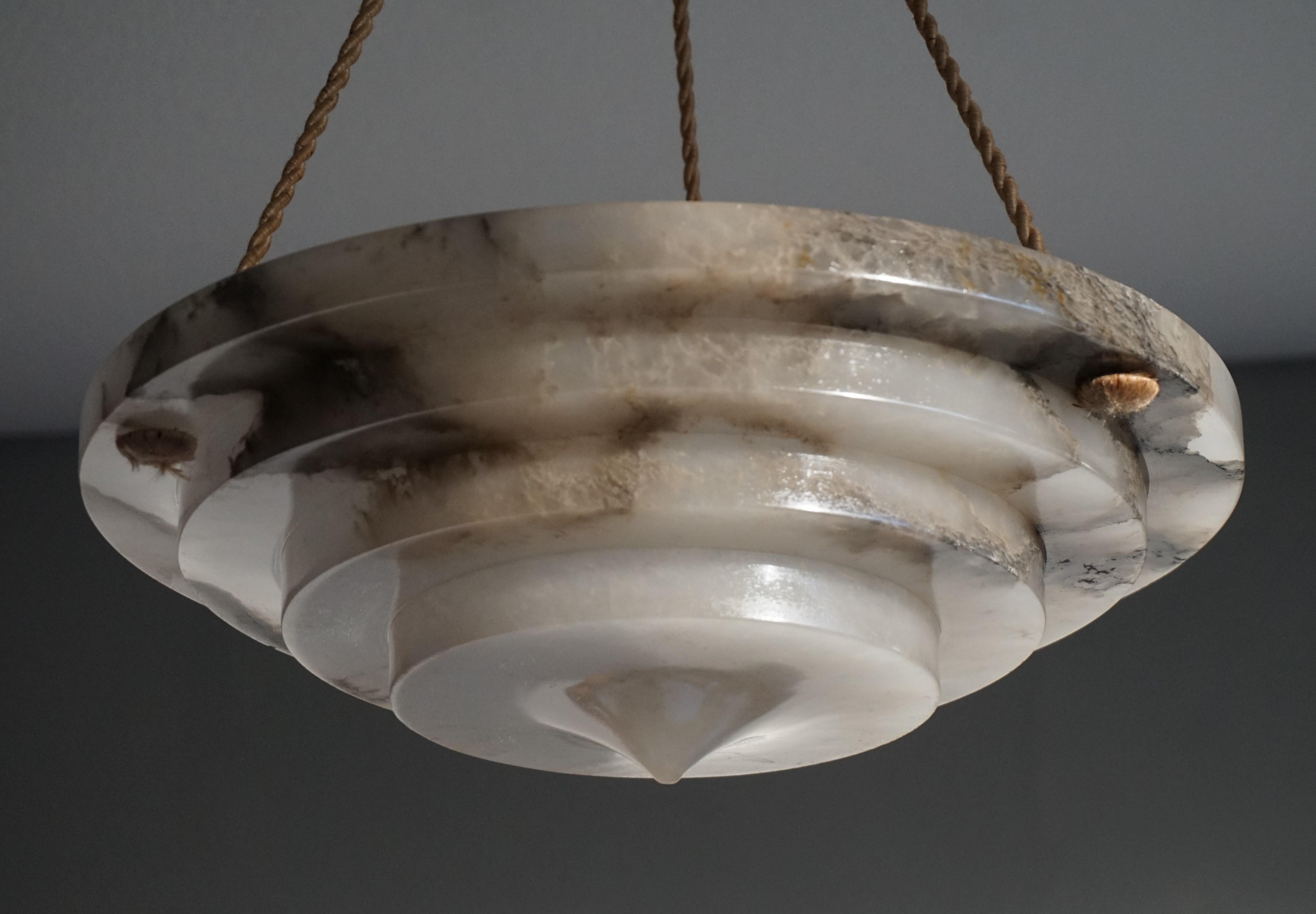 Hand-Carved Exceptional Shape 1920s Art Deco Black and White Alabaster Pendant Light Fixture