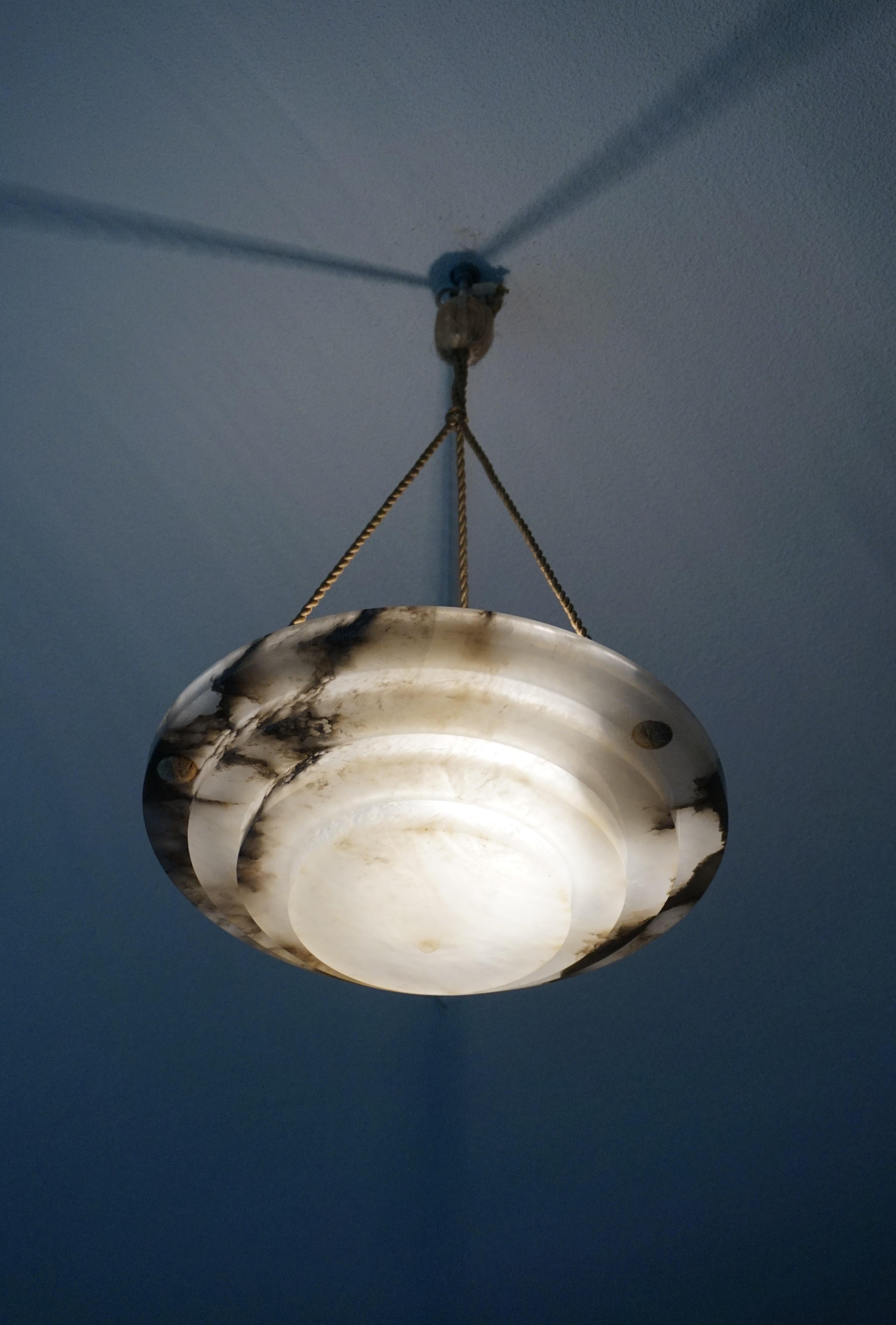 Exceptional Shape 1920s Art Deco Black and White Alabaster Pendant Light Fixture 1