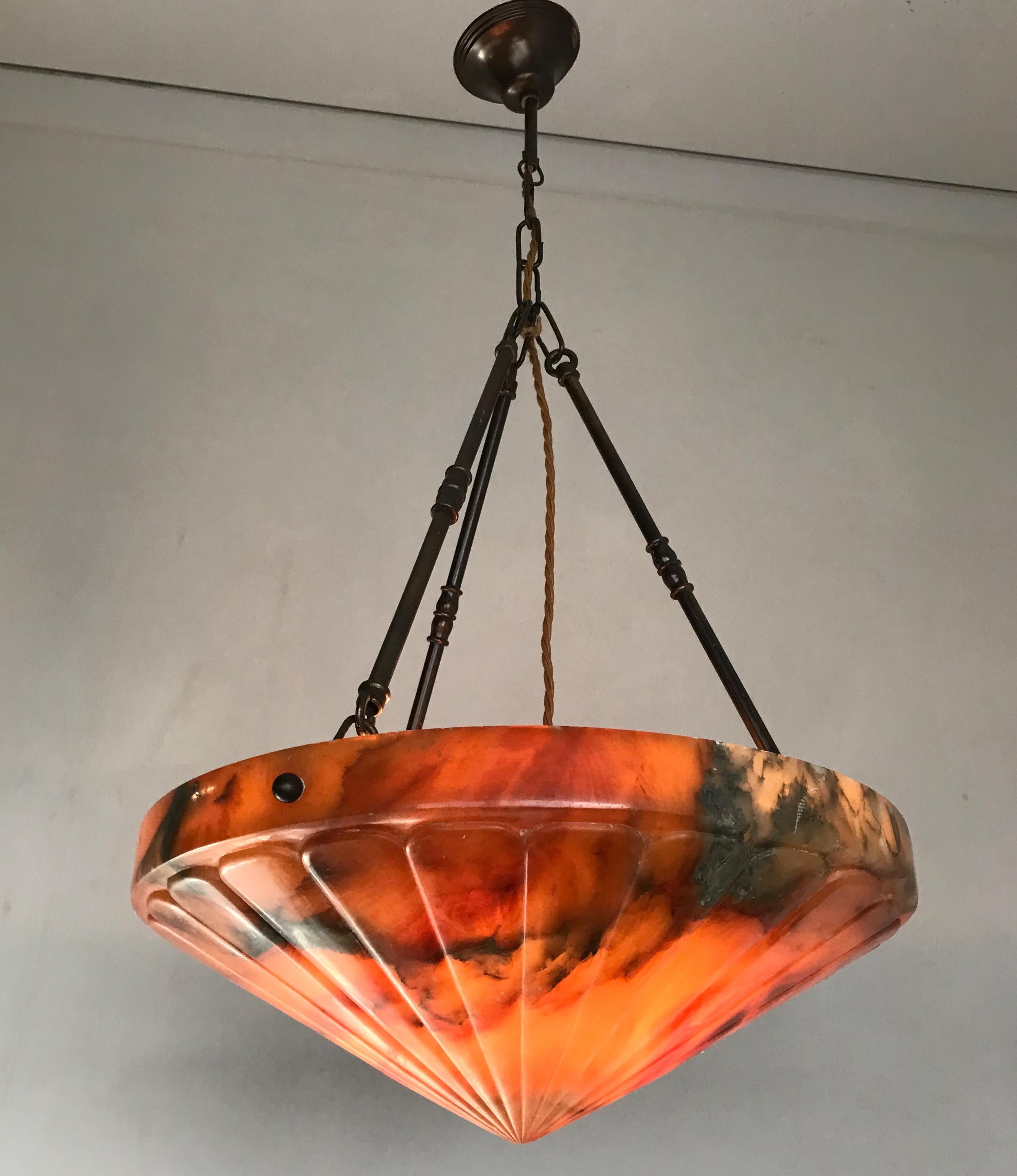 Exceptional Shape and Great Lava Color Alabaster Art Deco Pendant Light Fixture 11