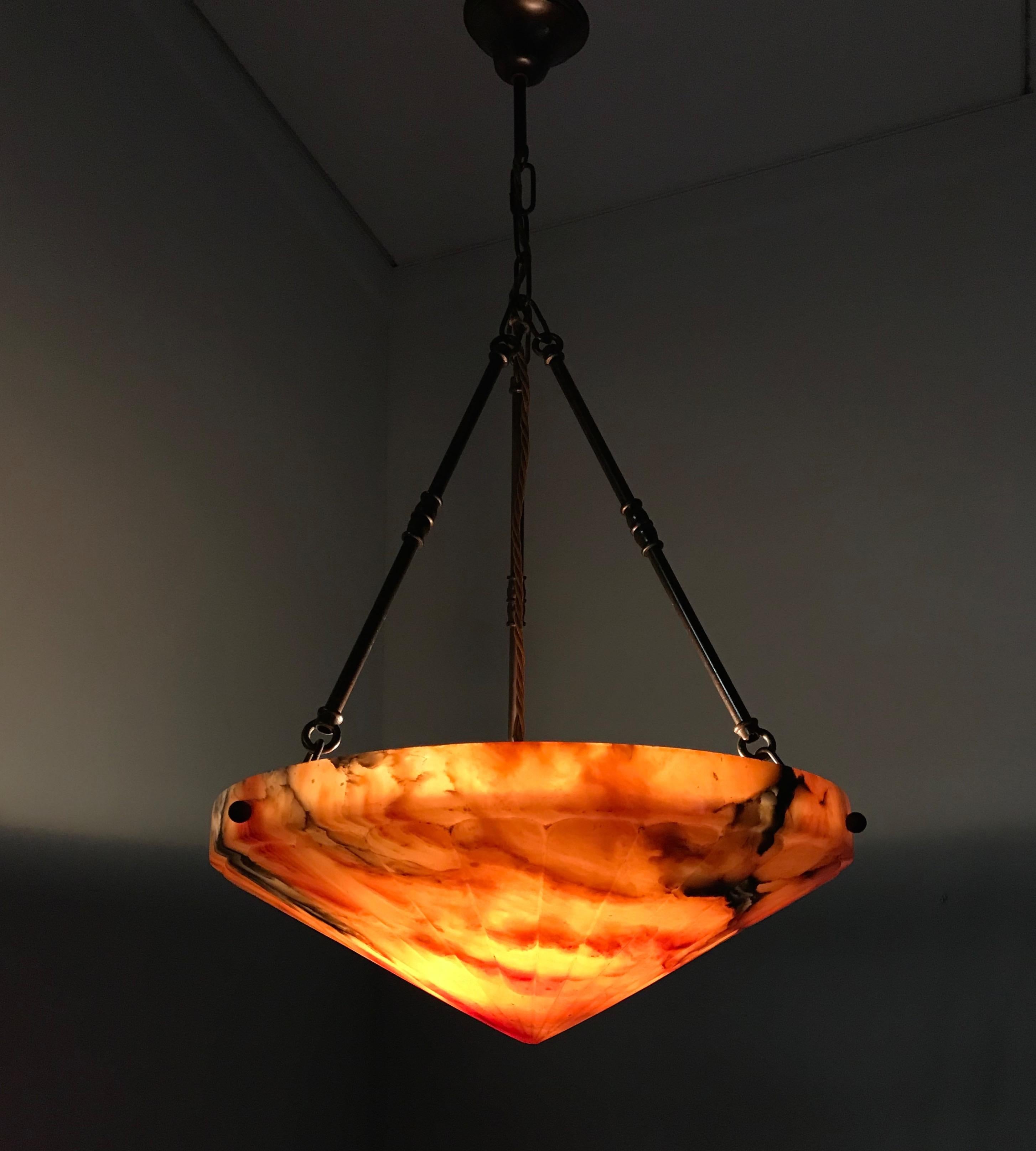 French Exceptional Shape and Great Lava Color Alabaster Art Deco Pendant Light Fixture