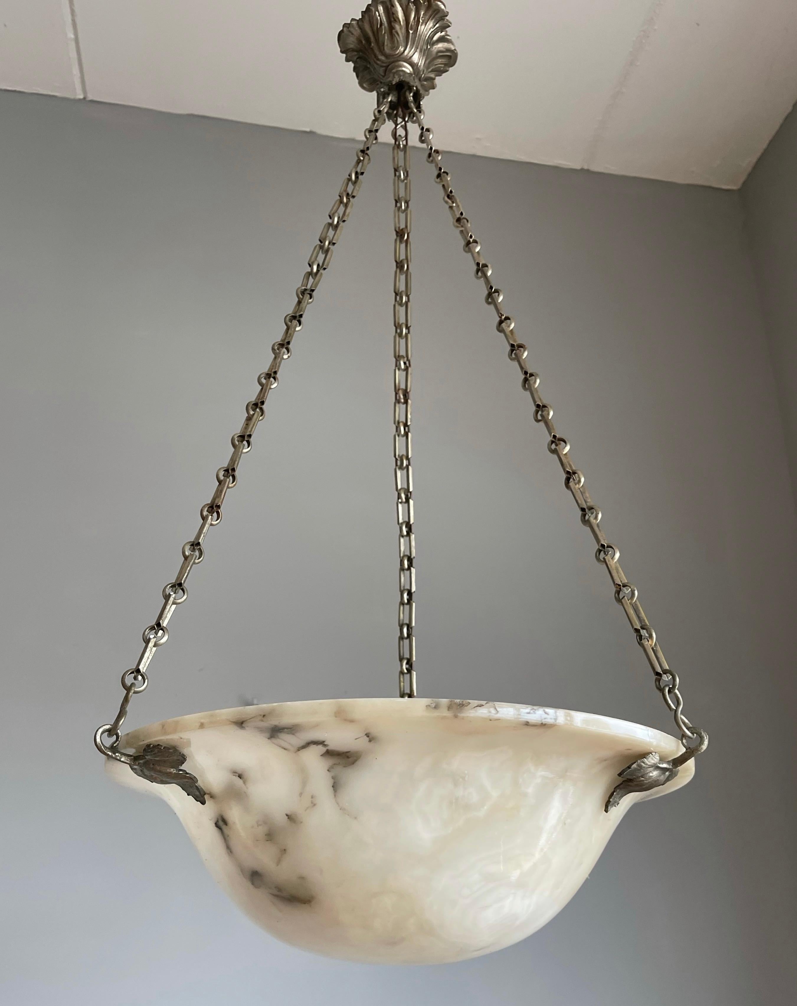 Wonderful Shape and White Color Art Deco Alabaster & Bronze Pendant Light 10