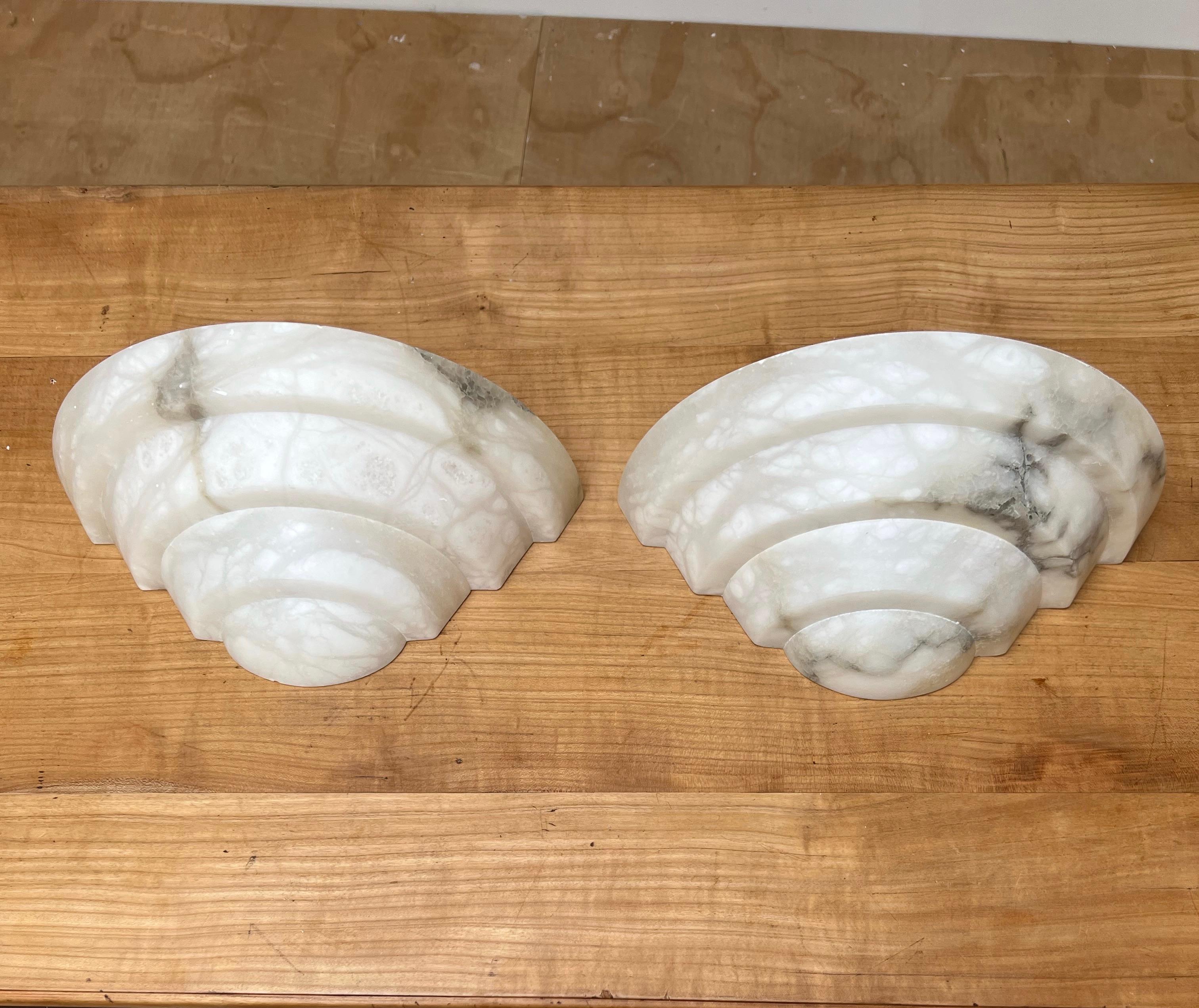 Pure Art Deco Design Pair Midcentury Made White Alabaster Layered Wall Sconces For Sale 2
