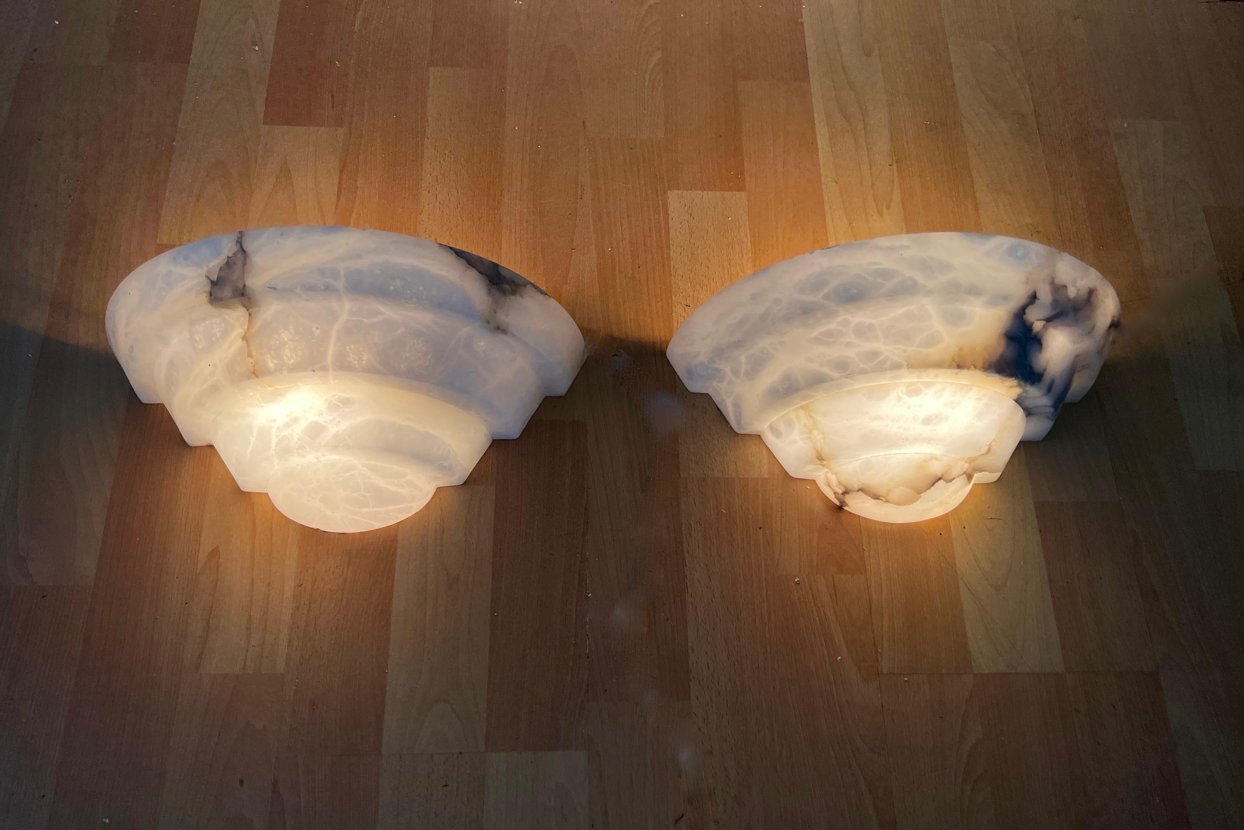 Pure Art Deco Design Pair Midcentury Made White Alabaster Layered Wall Sconces For Sale 3