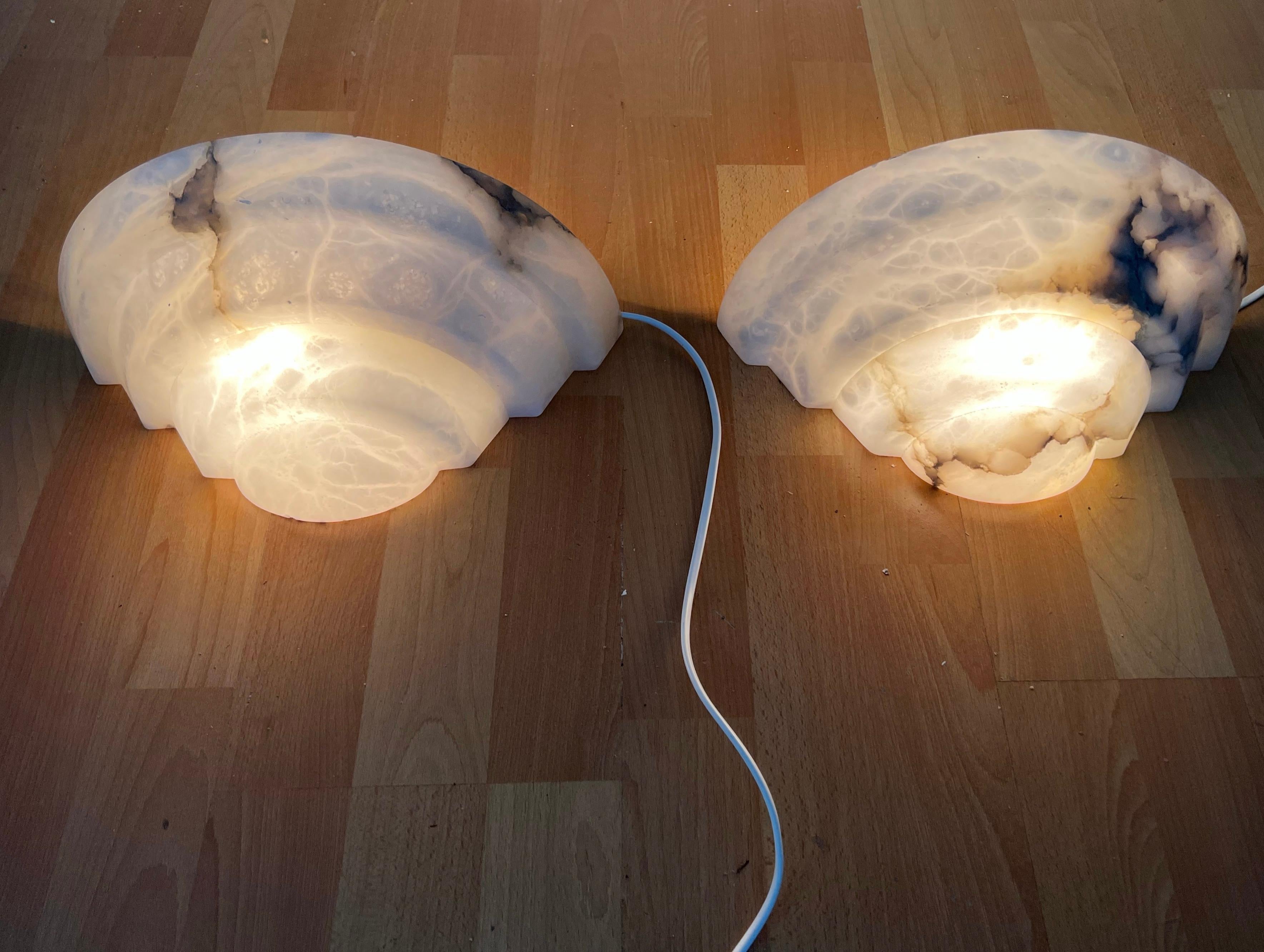 Pure Art Deco Design Pair Midcentury Made White Alabaster Layered Wall Sconces For Sale 9