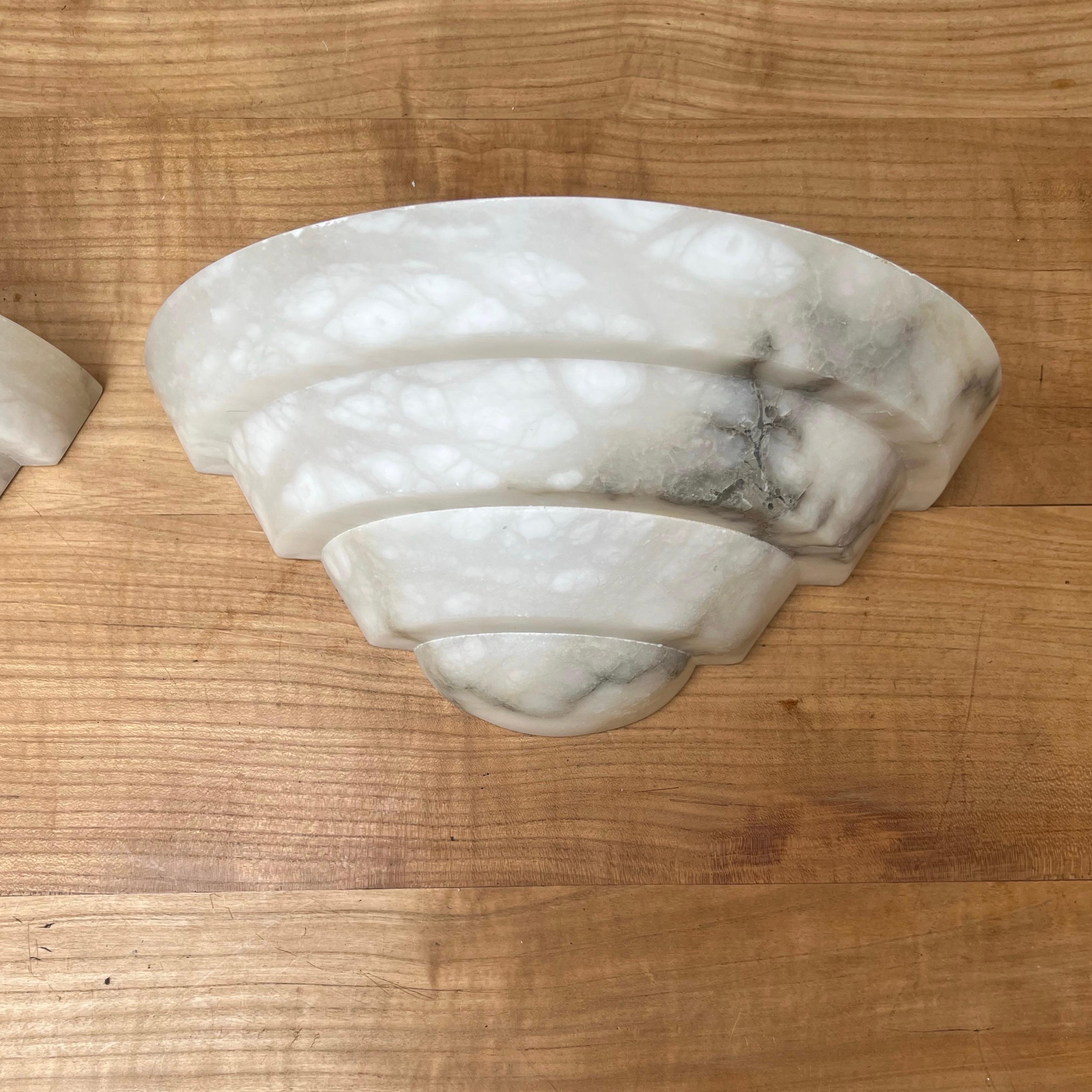 Pure Art Deco Design Pair Midcentury Made White Alabaster Layered Wall Sconces For Sale 11