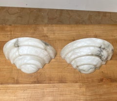 Pure Art Deco Design Pair Midcentury Made White Alabaster Layered Wall Sconces