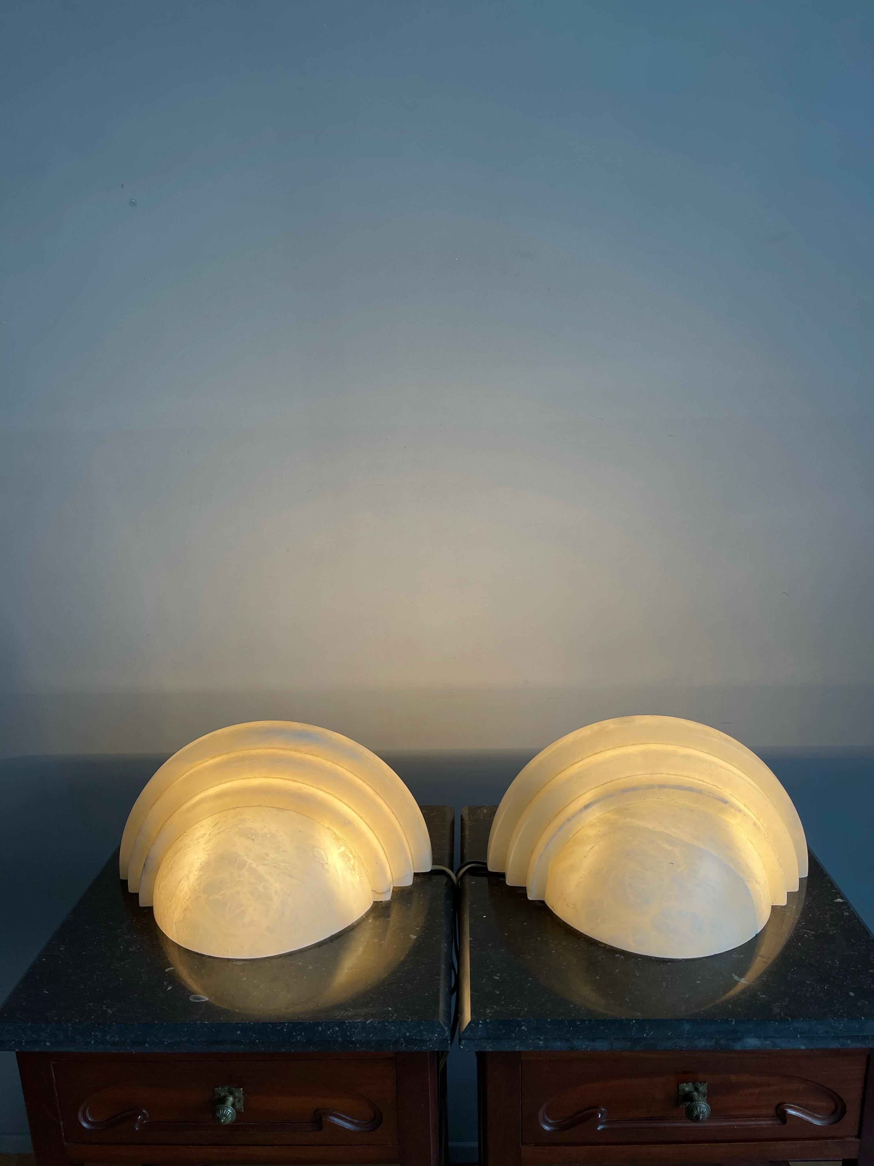 Exceptional Shape Midcentury Era Large Pair Alabaster Wall Sconces Lamps Lights  For Sale 6
