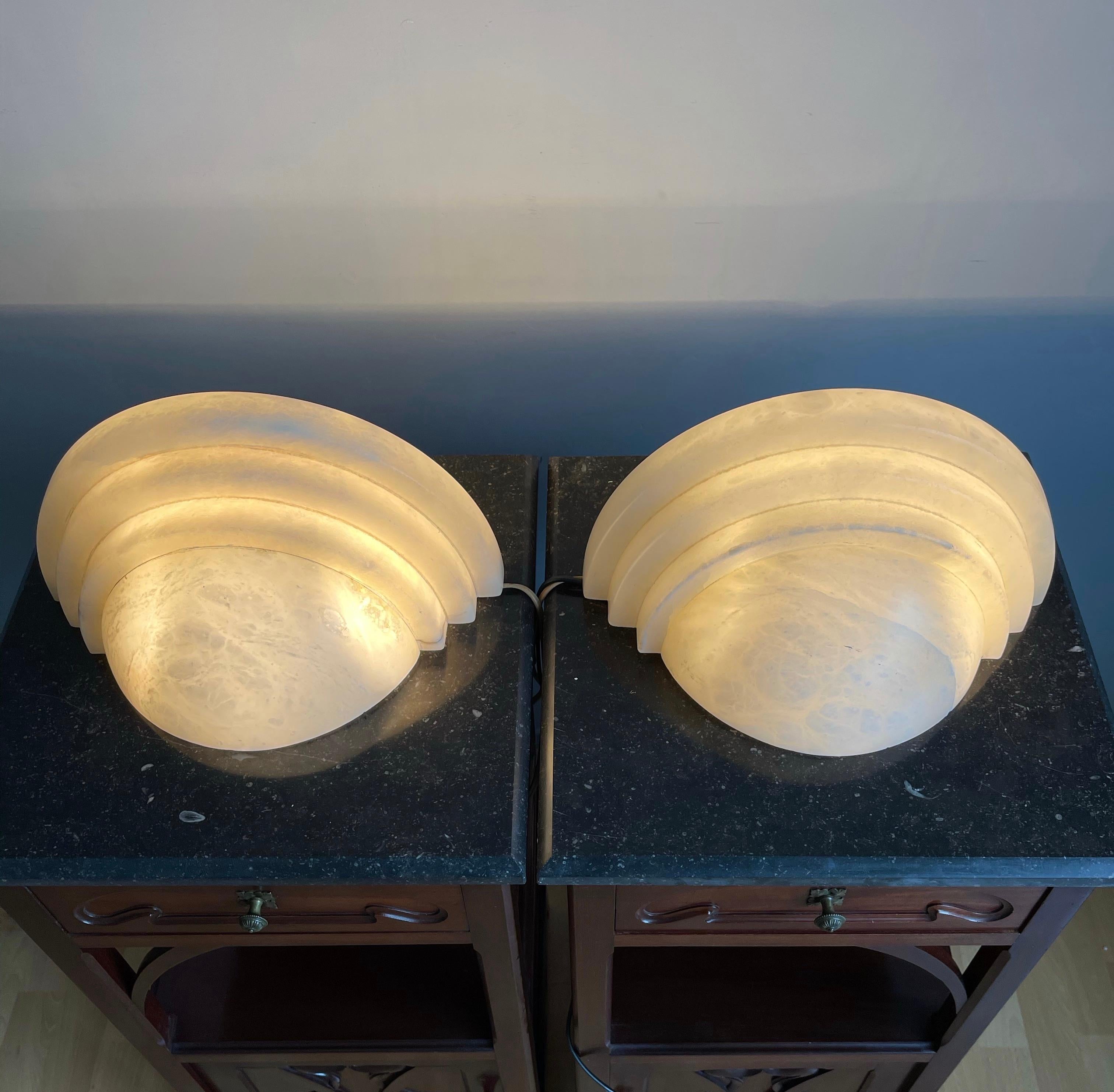 Exceptional Shape Midcentury Era Large Pair Alabaster Wall Sconces Lamps Lights  For Sale 7