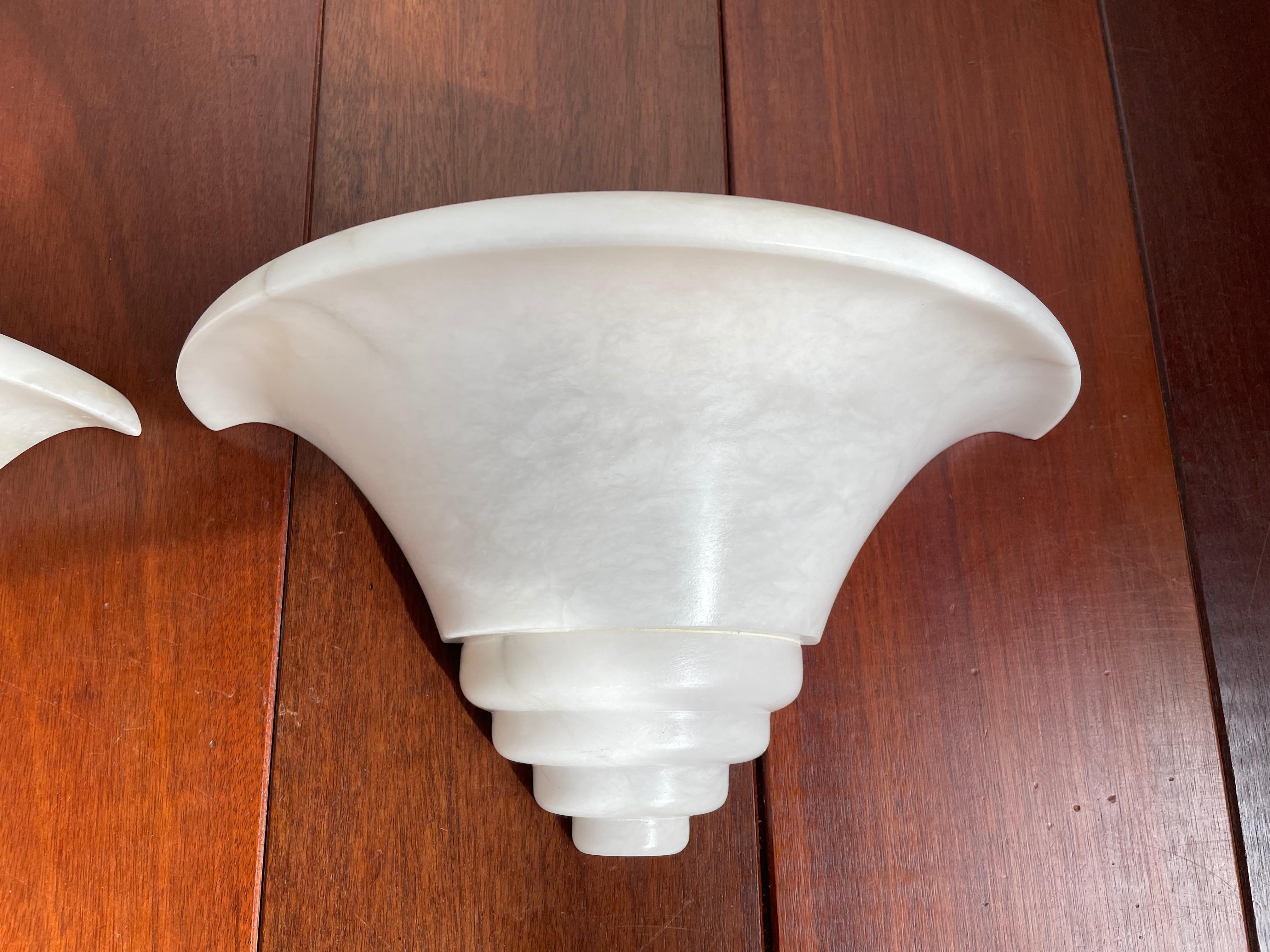 Hand-Crafted Exceptional Shape Midcentury Era Pair of Alabaster Wall Sconces Lamps / Lights For Sale