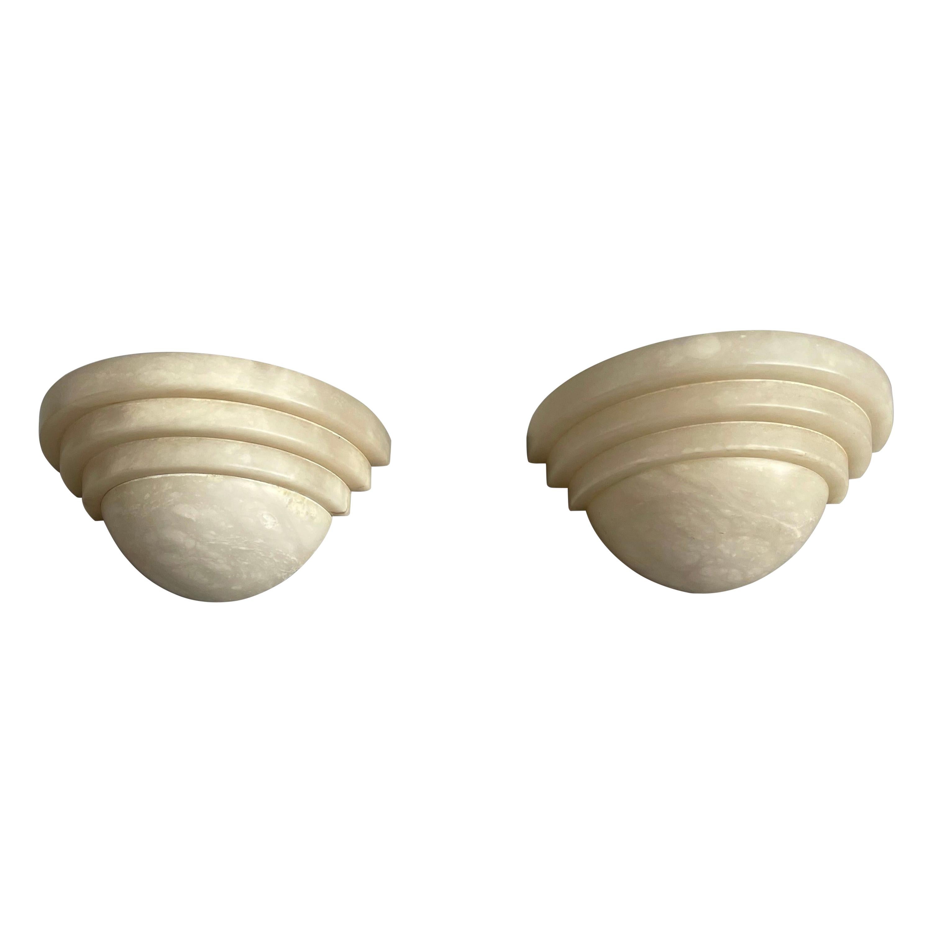 Exceptional Shape Midcentury Era Large Pair Alabaster Wall Sconces Lamps Lights  For Sale