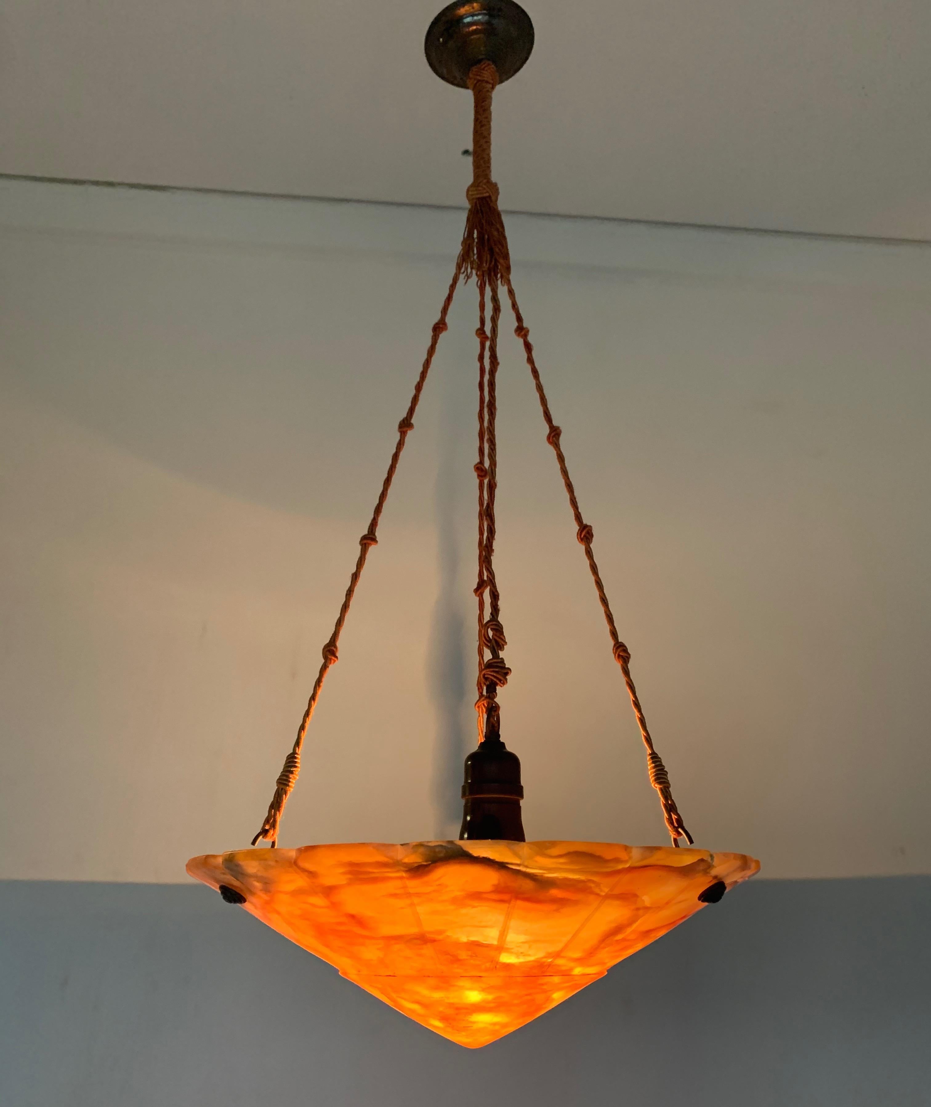 Hand-Knotted Exceptional Shape ' Supernova Sun ' Alabaster and Rope Art Deco Pendant Light  For Sale