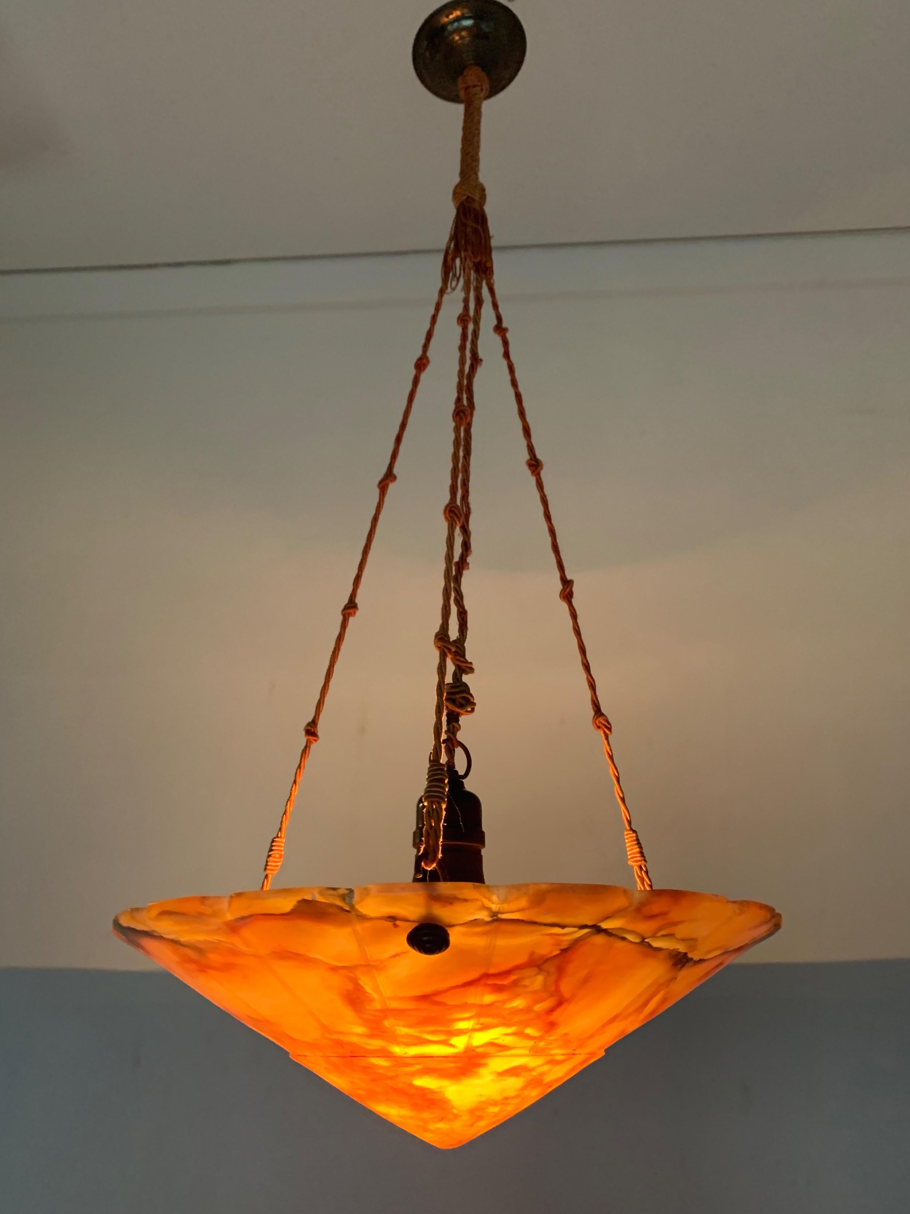 20th Century Exceptional Shape ' Supernova Sun ' Alabaster and Rope Art Deco Pendant Light  For Sale