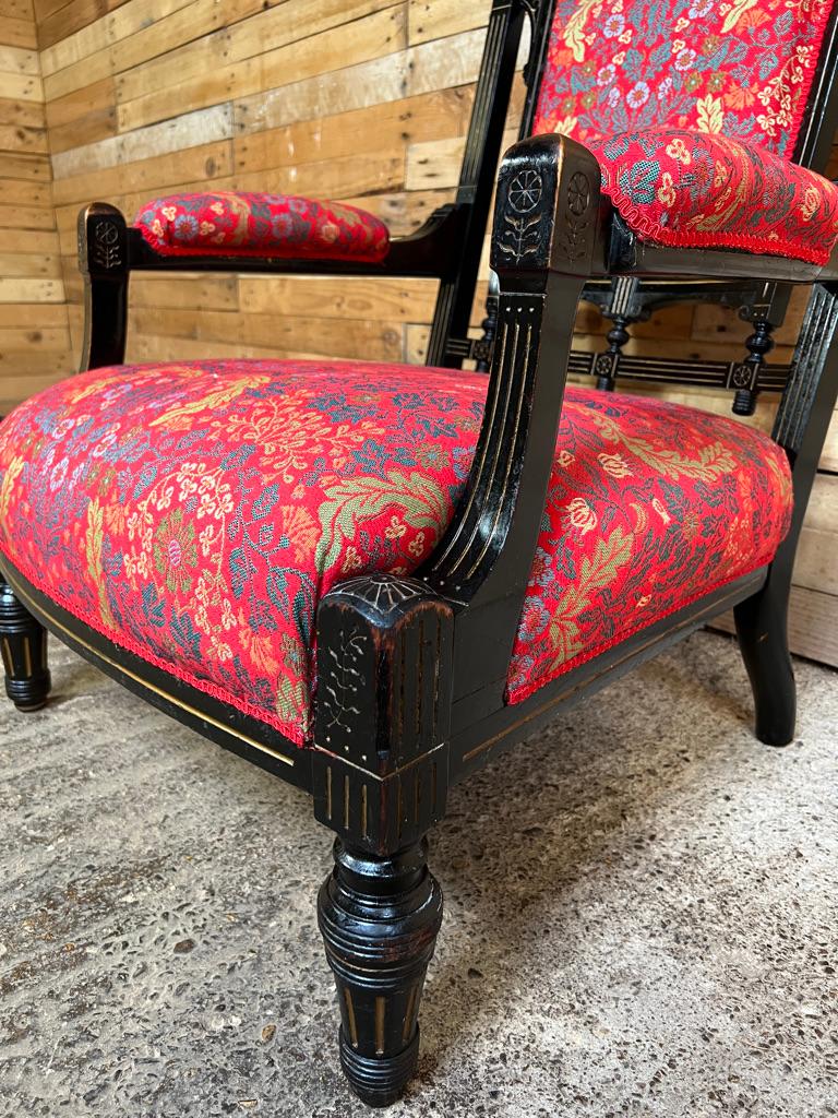 Fabric Exceptional Shaped English Victorian Arm Chair Ebonised with Golden Paint For Sale