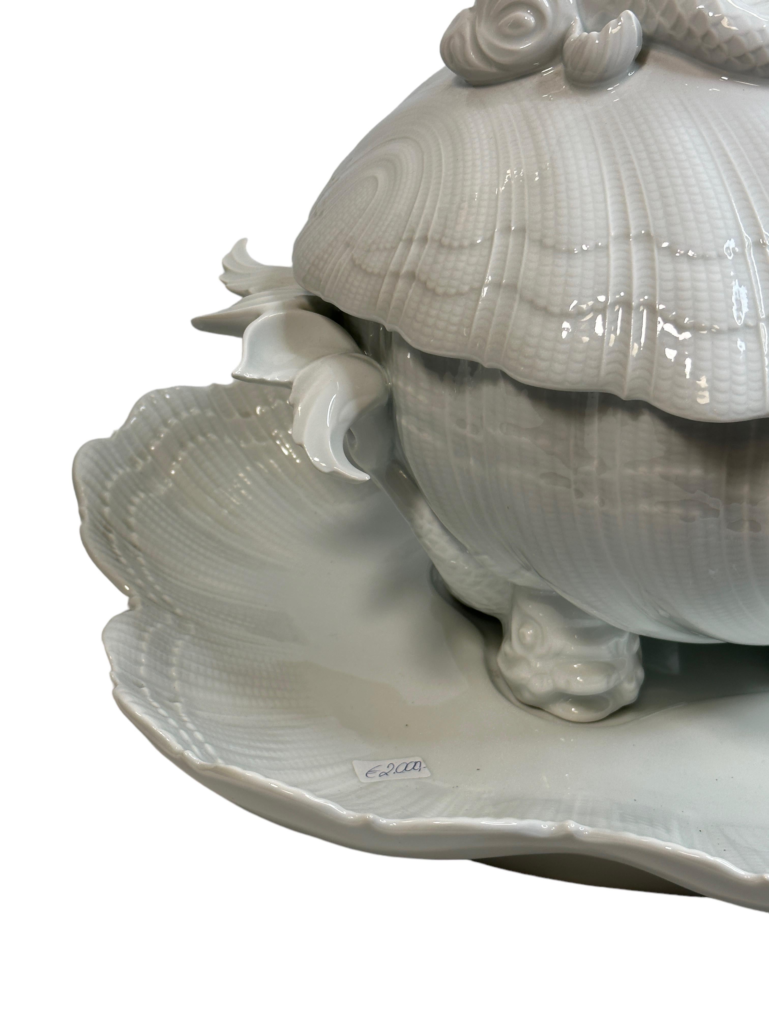 Exceptional Shell Shaped Limoges China Porcelain Soup Tureen with Dolphin Decor For Sale 1