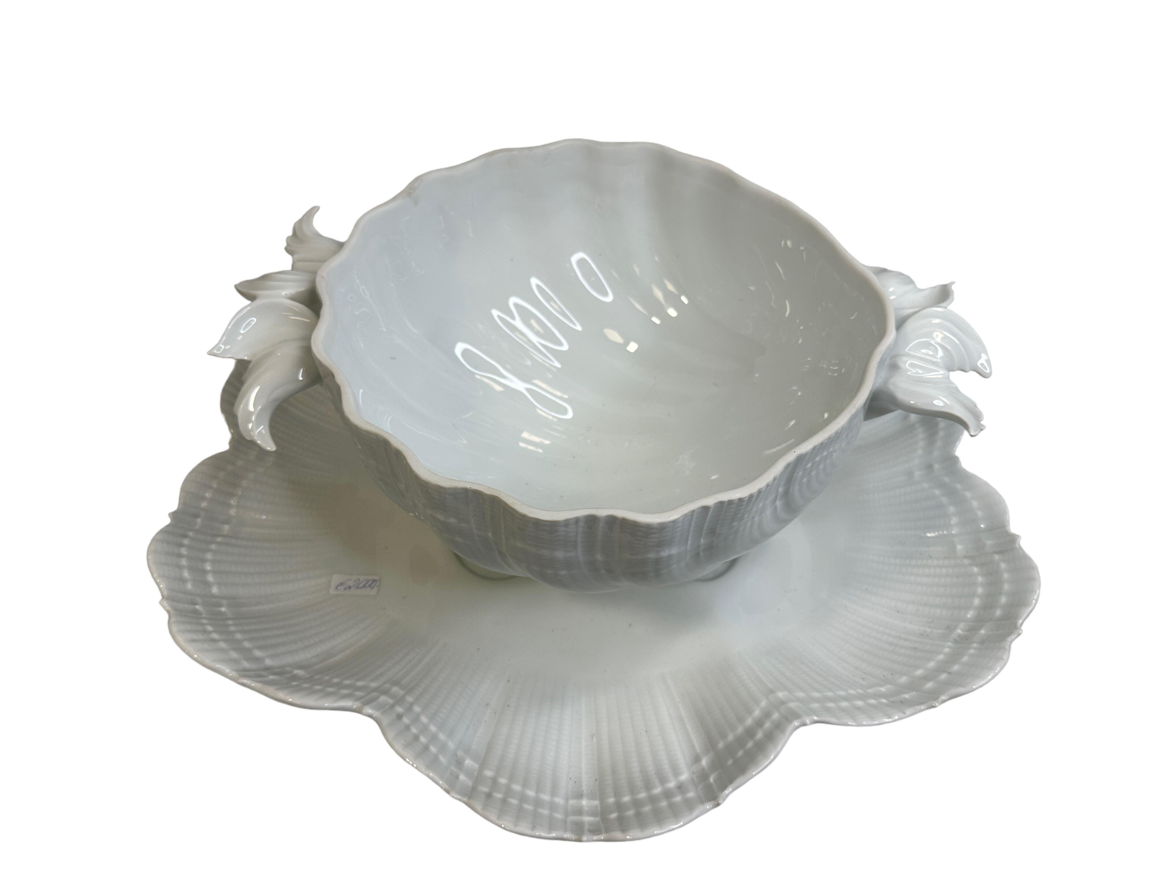 Exceptional Shell Shaped Limoges China Porcelain Soup Tureen with Dolphin Decor For Sale 2
