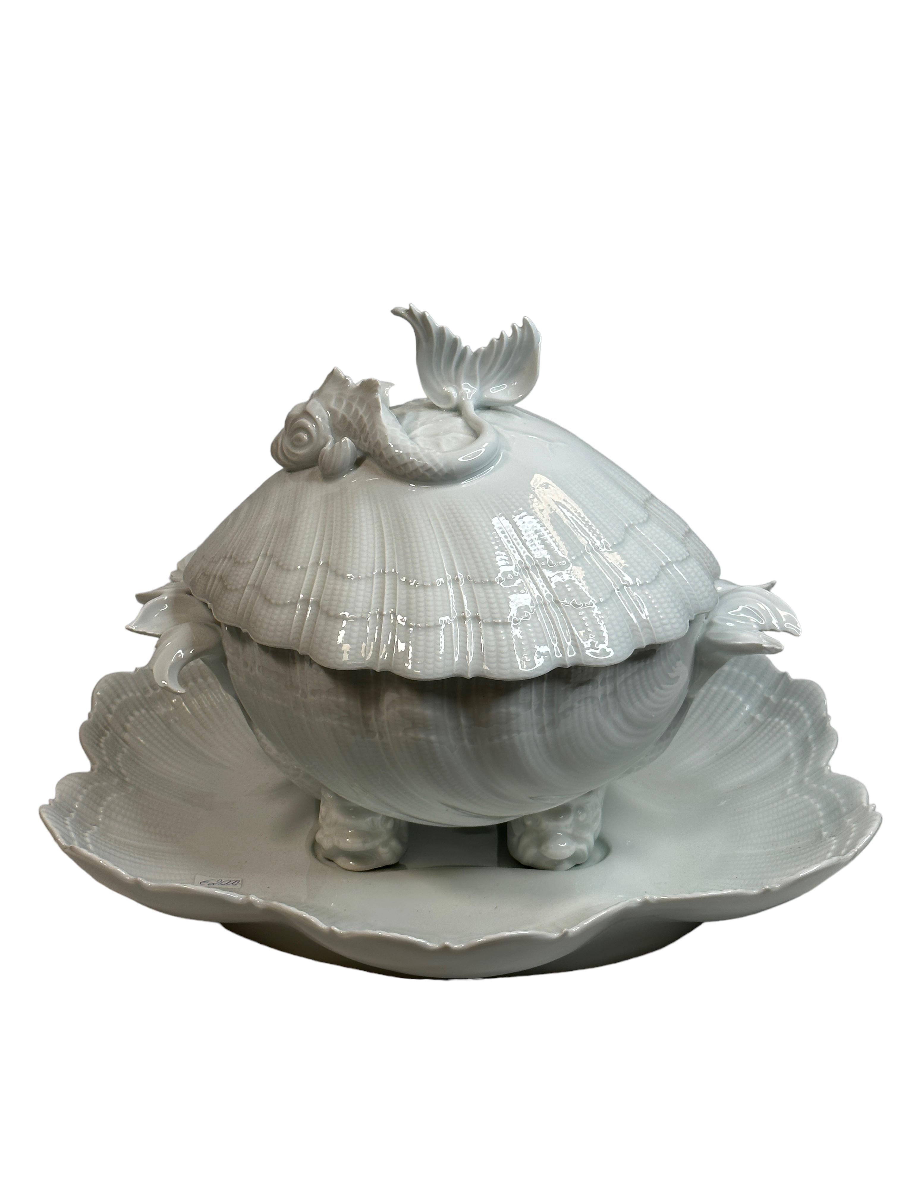 Louis XV Exceptional Shell Shaped Limoges China Porcelain Soup Tureen with Dolphin Decor For Sale