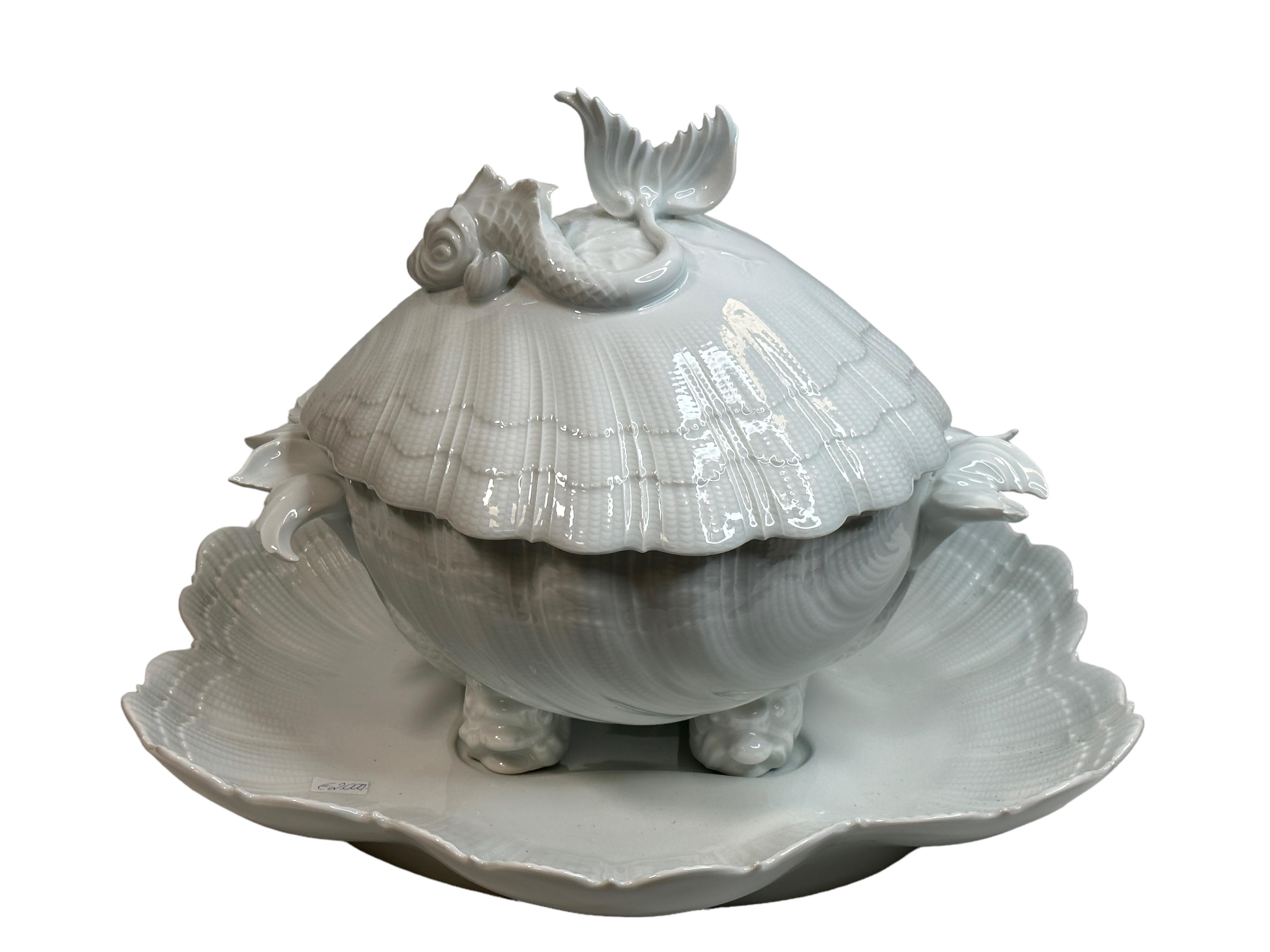 French Exceptional Shell Shaped Limoges China Porcelain Soup Tureen with Dolphin Decor For Sale