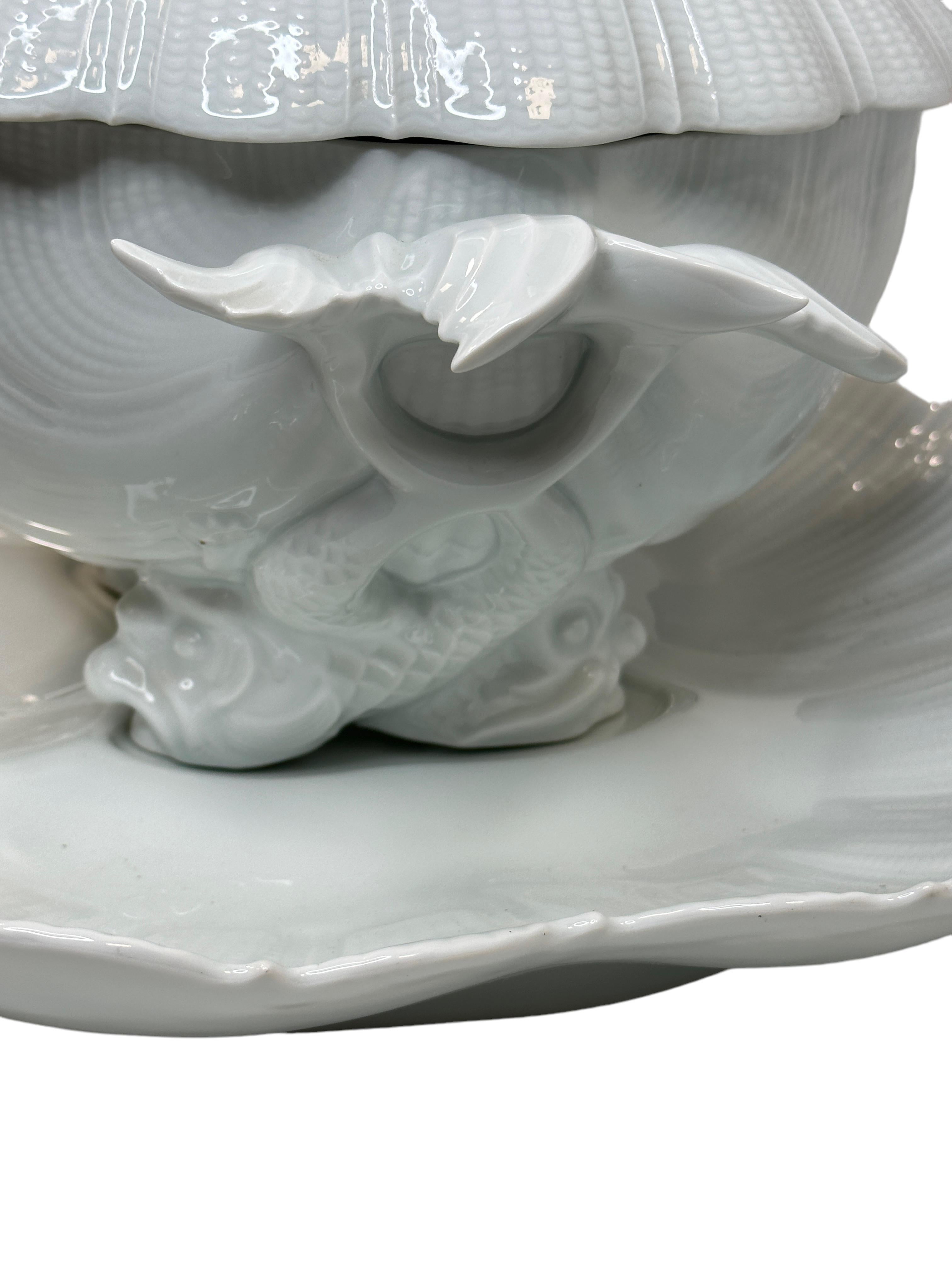 Late 20th Century Exceptional Shell Shaped Limoges China Porcelain Soup Tureen with Dolphin Decor For Sale