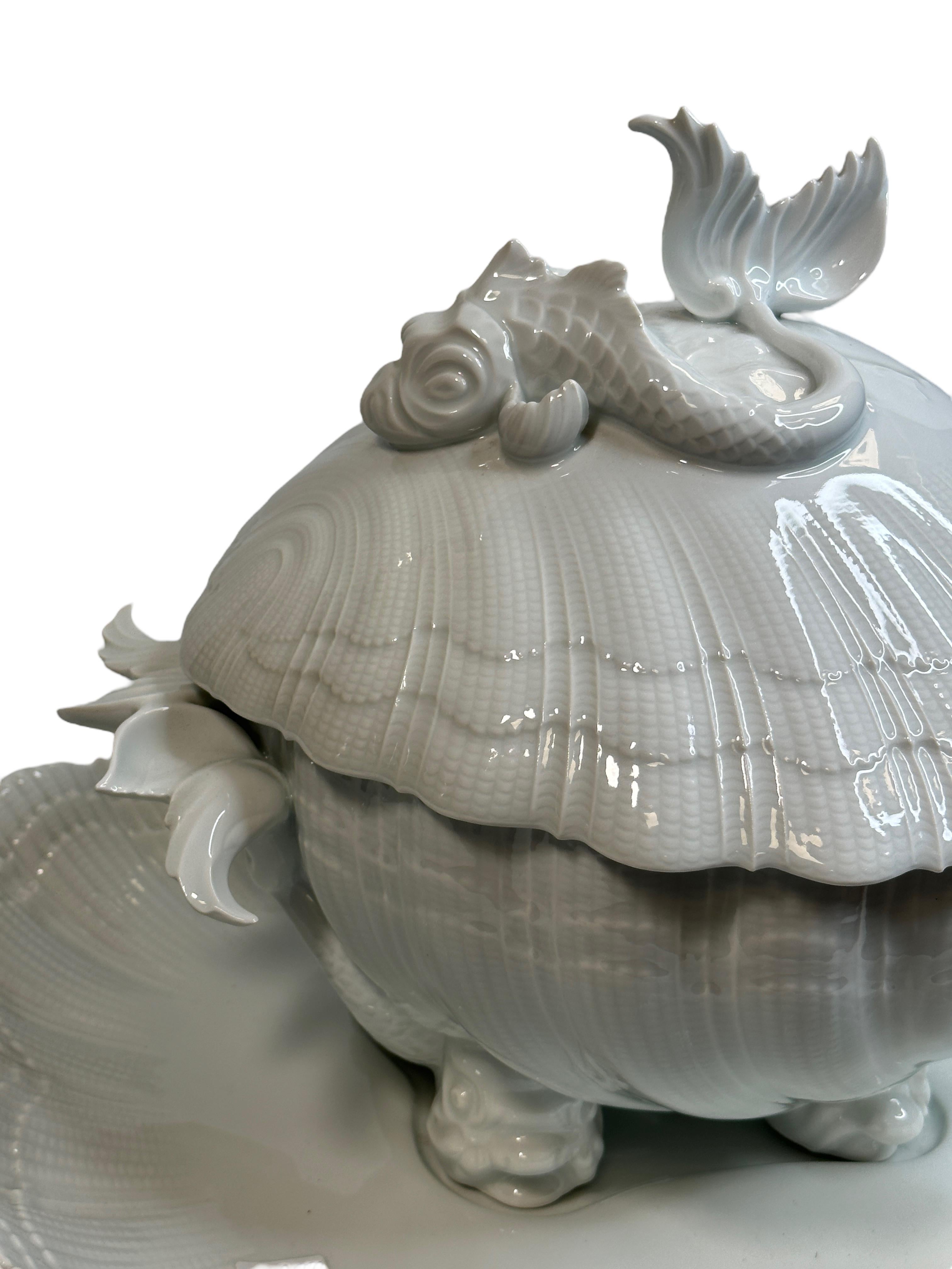 Exceptional Shell Shaped Limoges China Porcelain Soup Tureen with Dolphin Decor For Sale 1