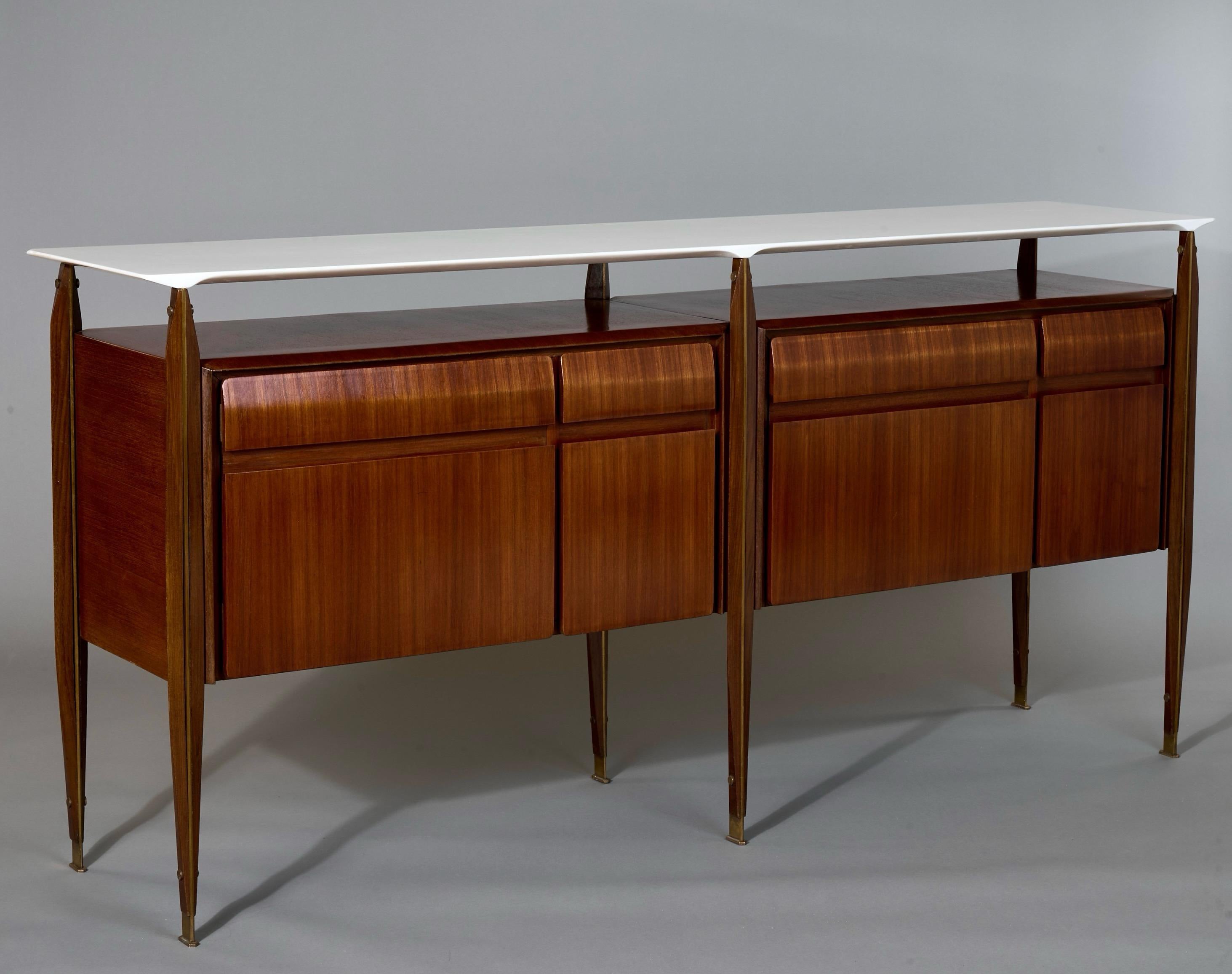 Mid-Century Modern Exceptional Sideboard in Bois de Rose, Marble, and Brass; Italy, 1950's  For Sale