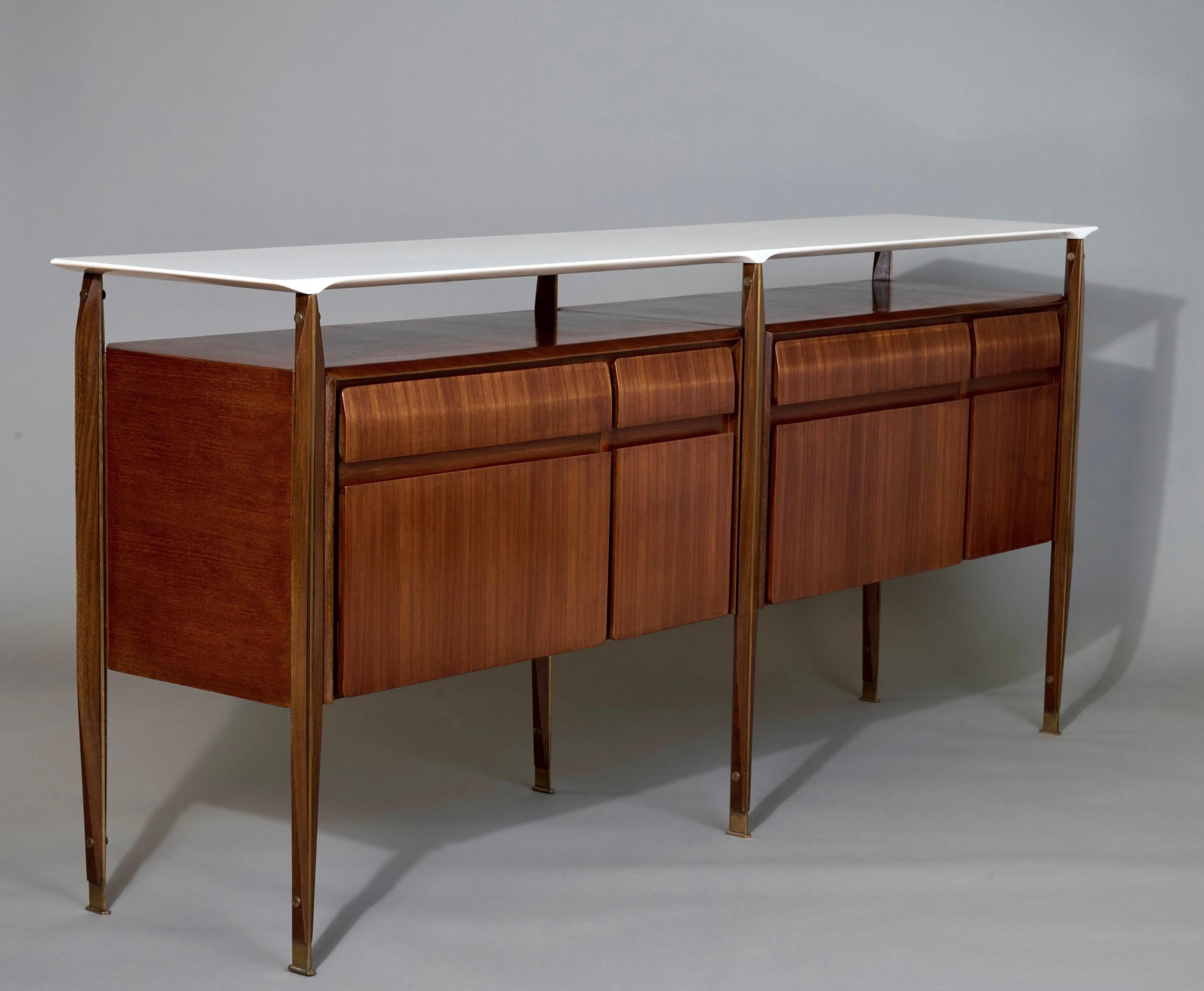 Italian Exceptional Sideboard in Bois de Rose, Marble, and Brass; Italy, 1950's  For Sale