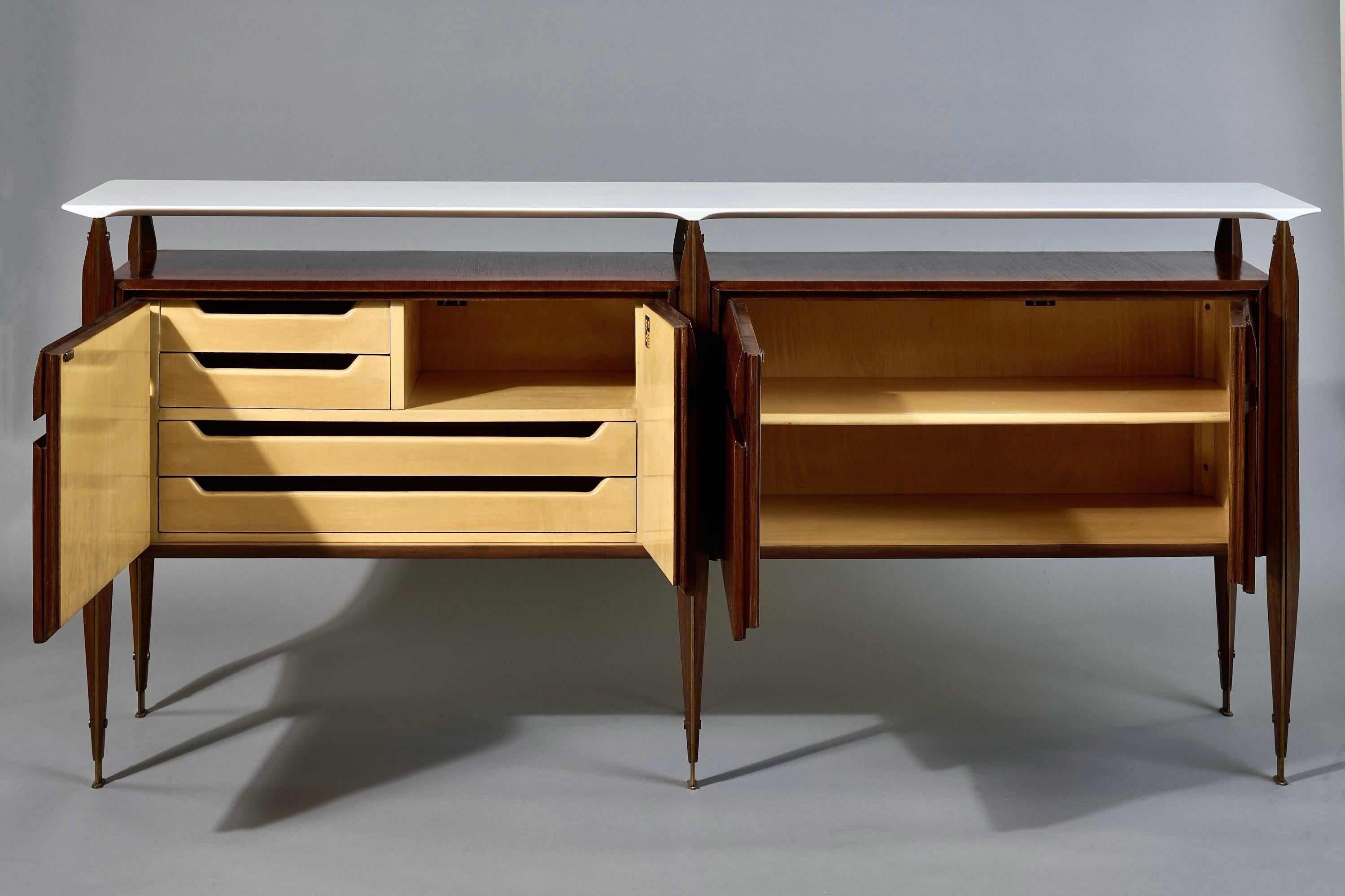 Mid-20th Century Exceptional Sideboard in Bois de Rose, Marble, and Brass; Italy, 1950's  For Sale