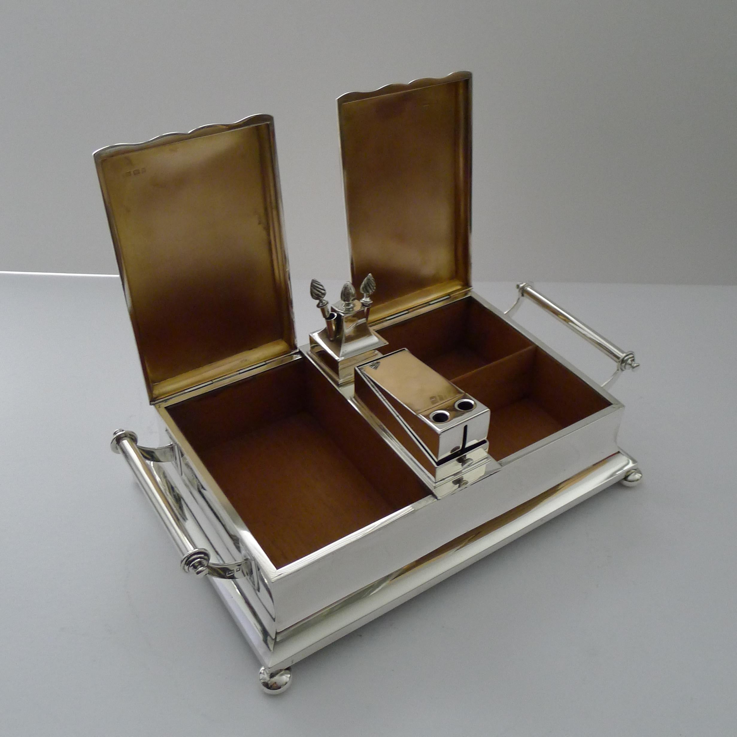 Sterling Silver Exceptional Silver Cigar Box/Smoking Compendium by Mappin & Webb For Sale