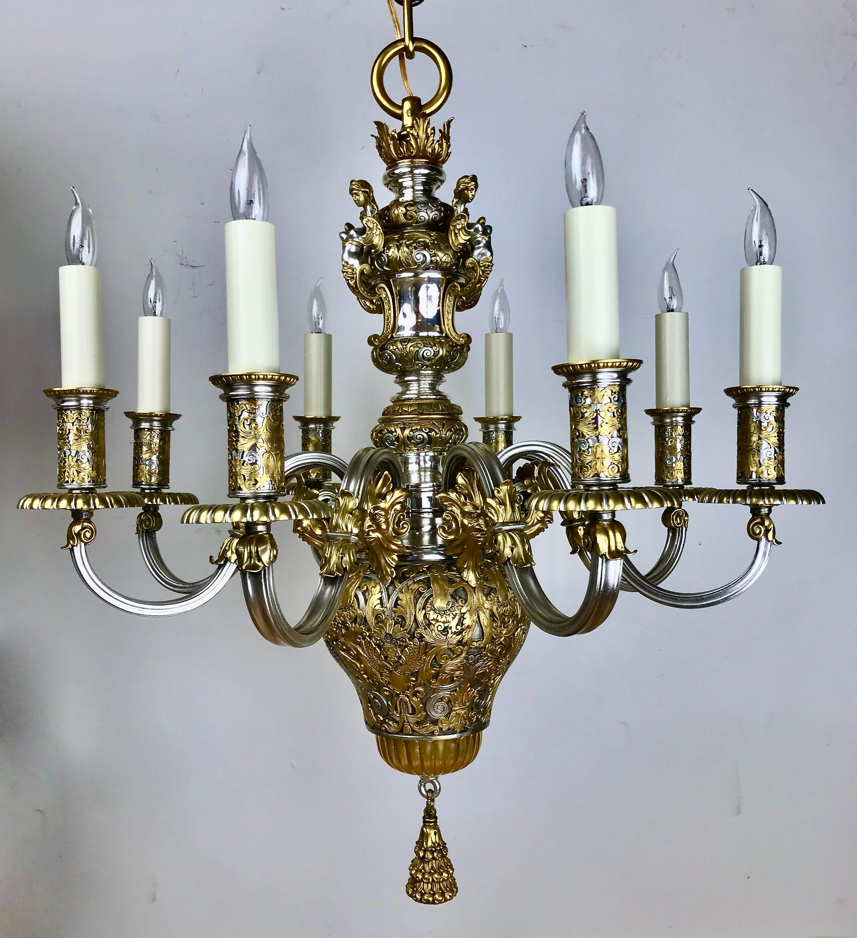 Exceptionnel lustre à huit bras en bronze argenté et doré d'E. F. Caldwell en vente 4