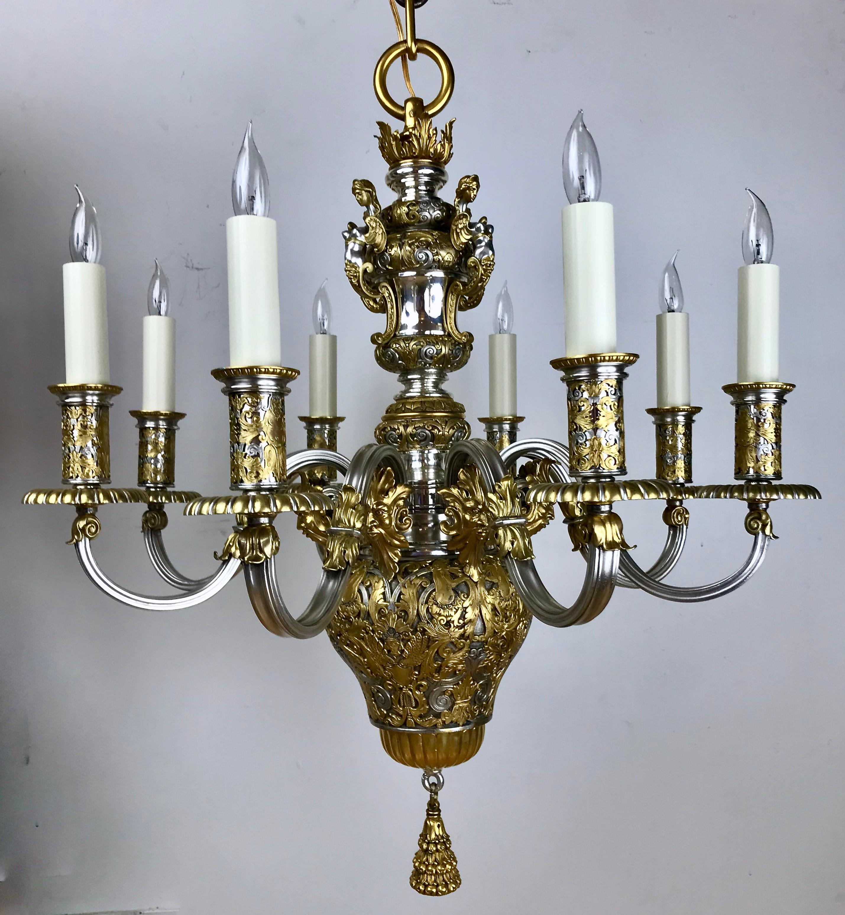 Exceptionnel lustre à huit bras en bronze argenté et doré d'E. F. Caldwell en vente 5