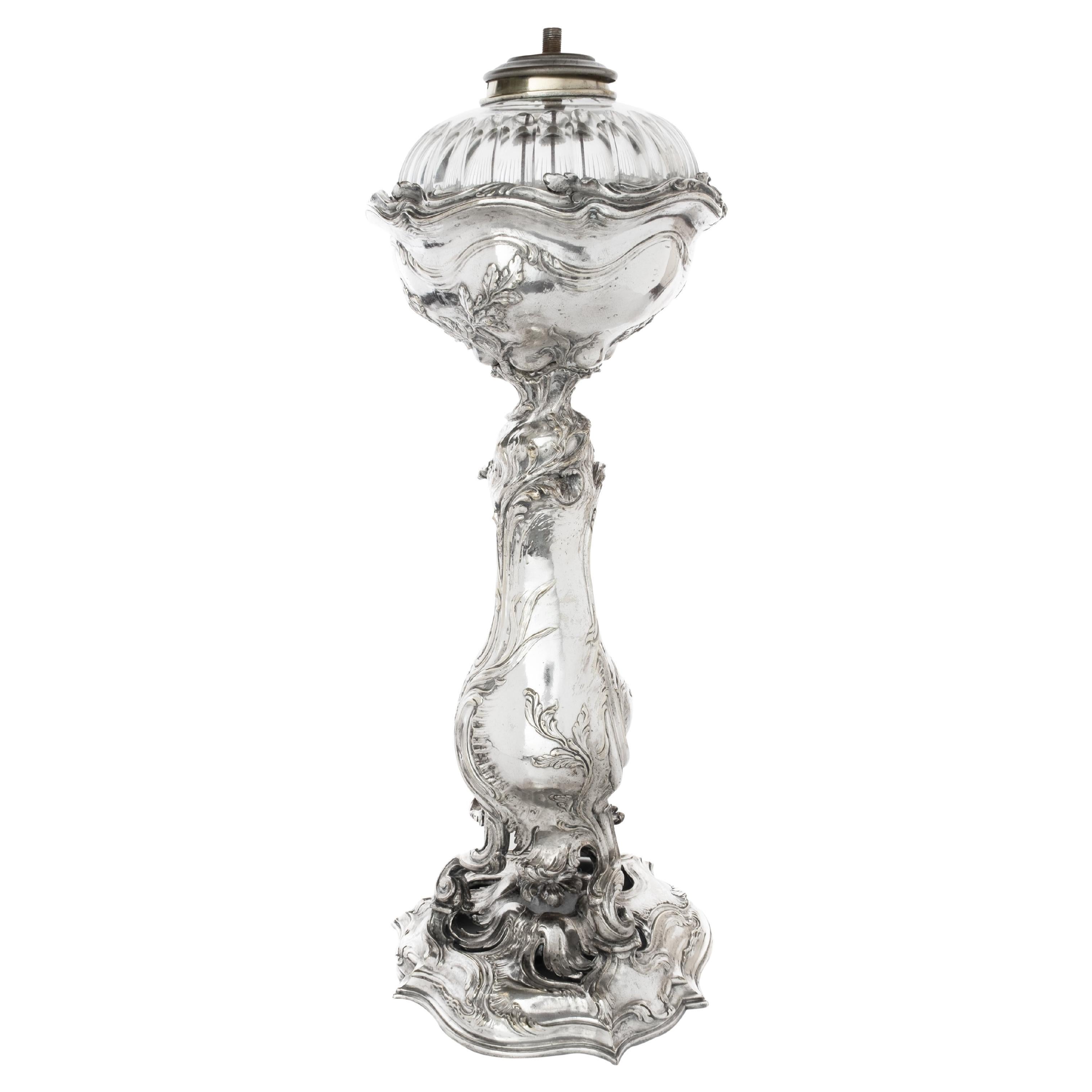 Exceptional Silvered Bronze and Cut Crystal Banquet Lamp, 19th century For Sale
