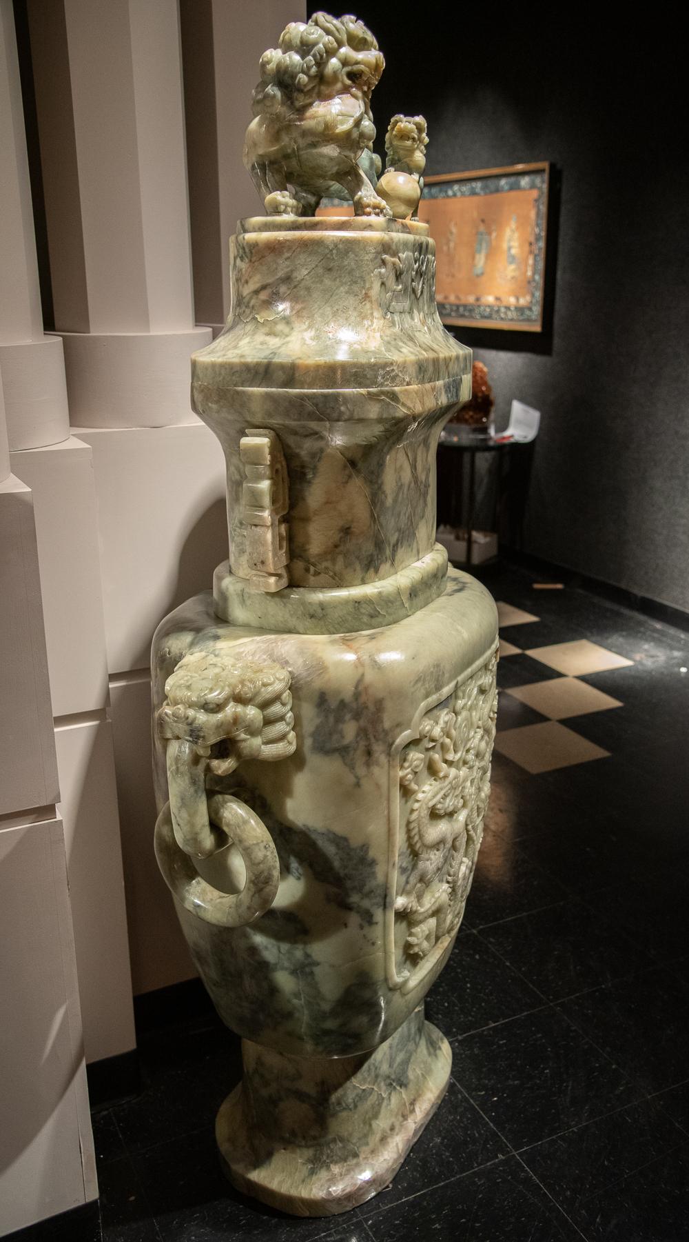 Serpentine Exceptional Single Monumental Covered Urn of Archaic Fung Lei Form