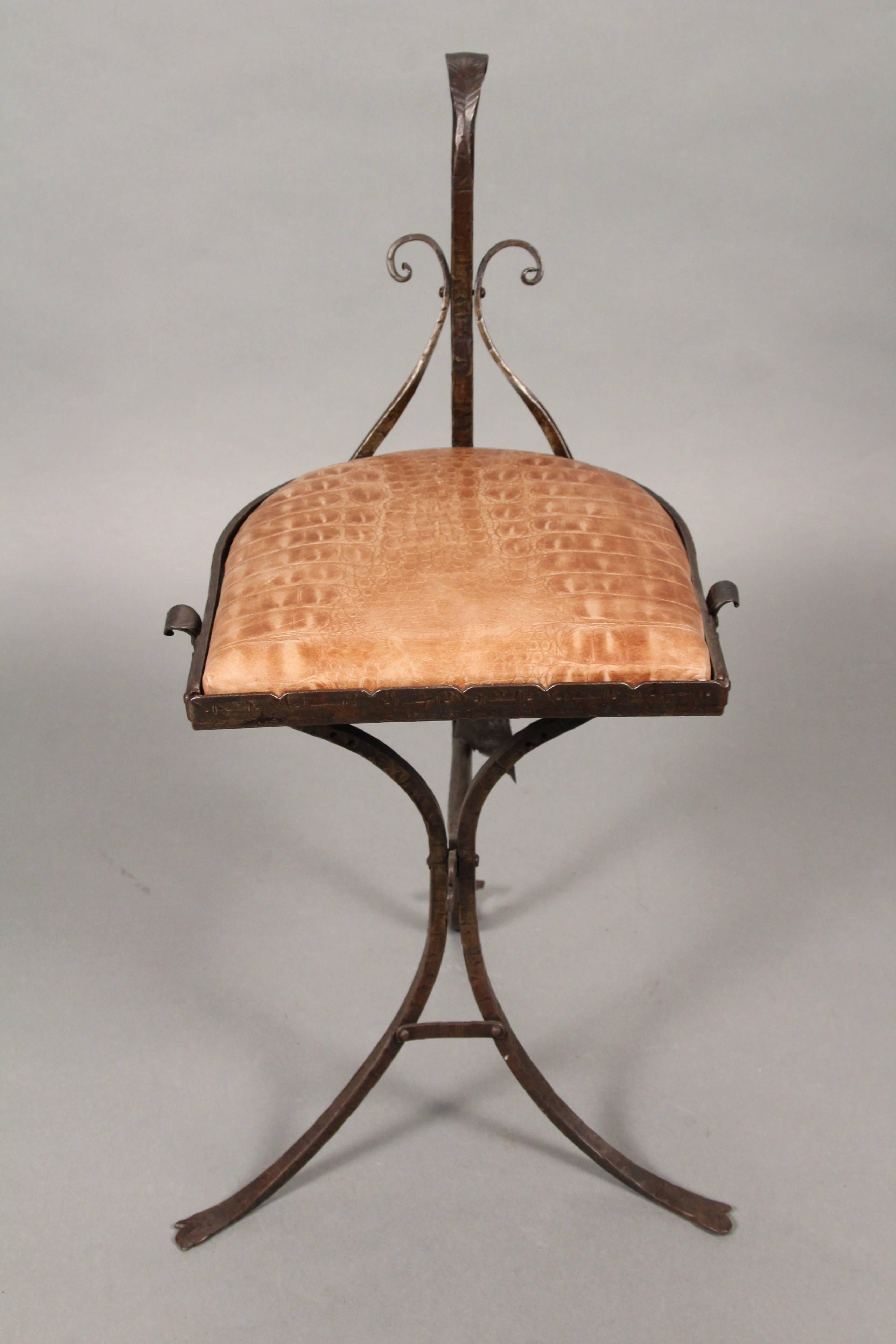 Exceptional Small Iron and Copper Side Table with Chair For Sale 5