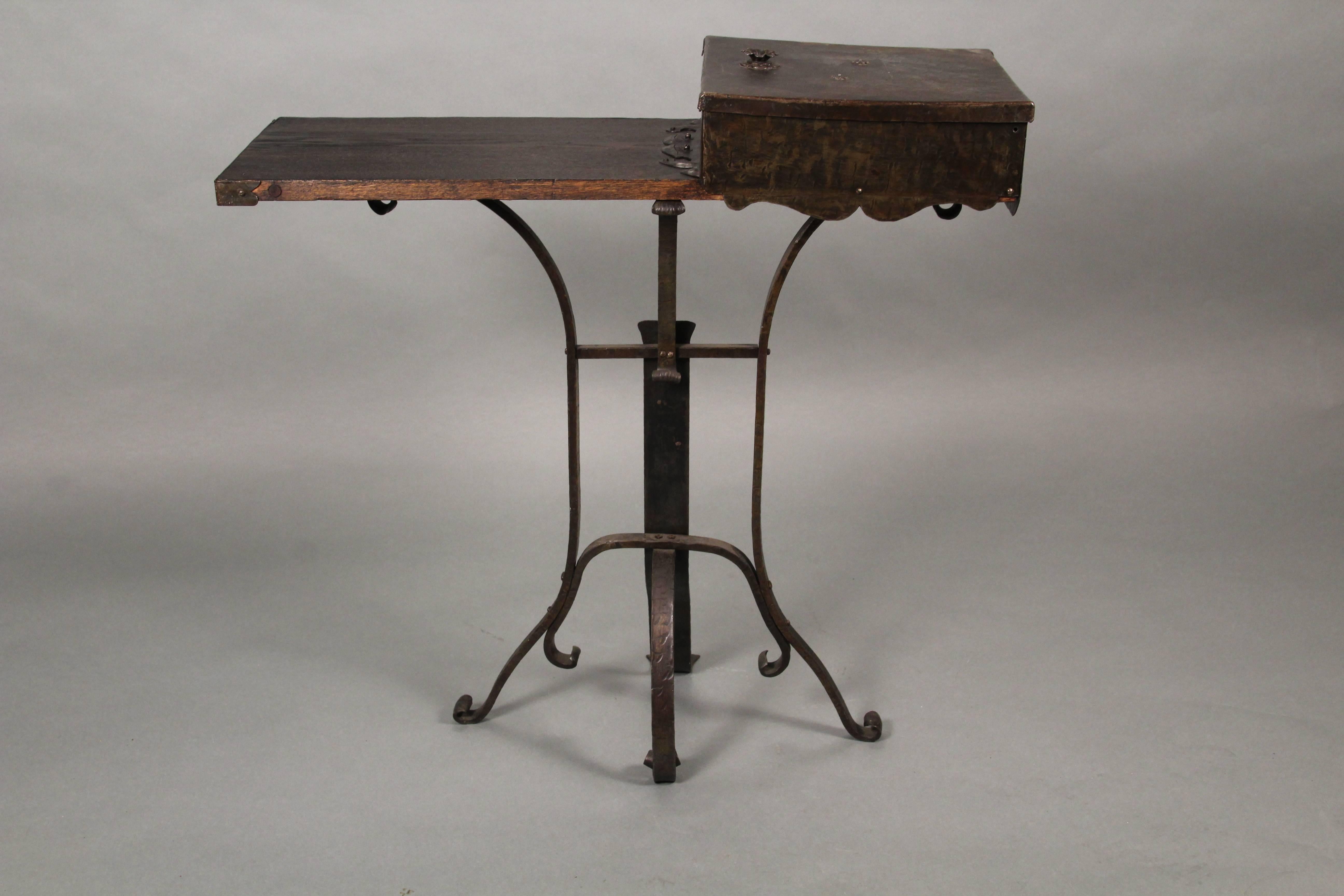 Spanish Colonial Exceptional Small Iron and Copper Side Table with Chair For Sale