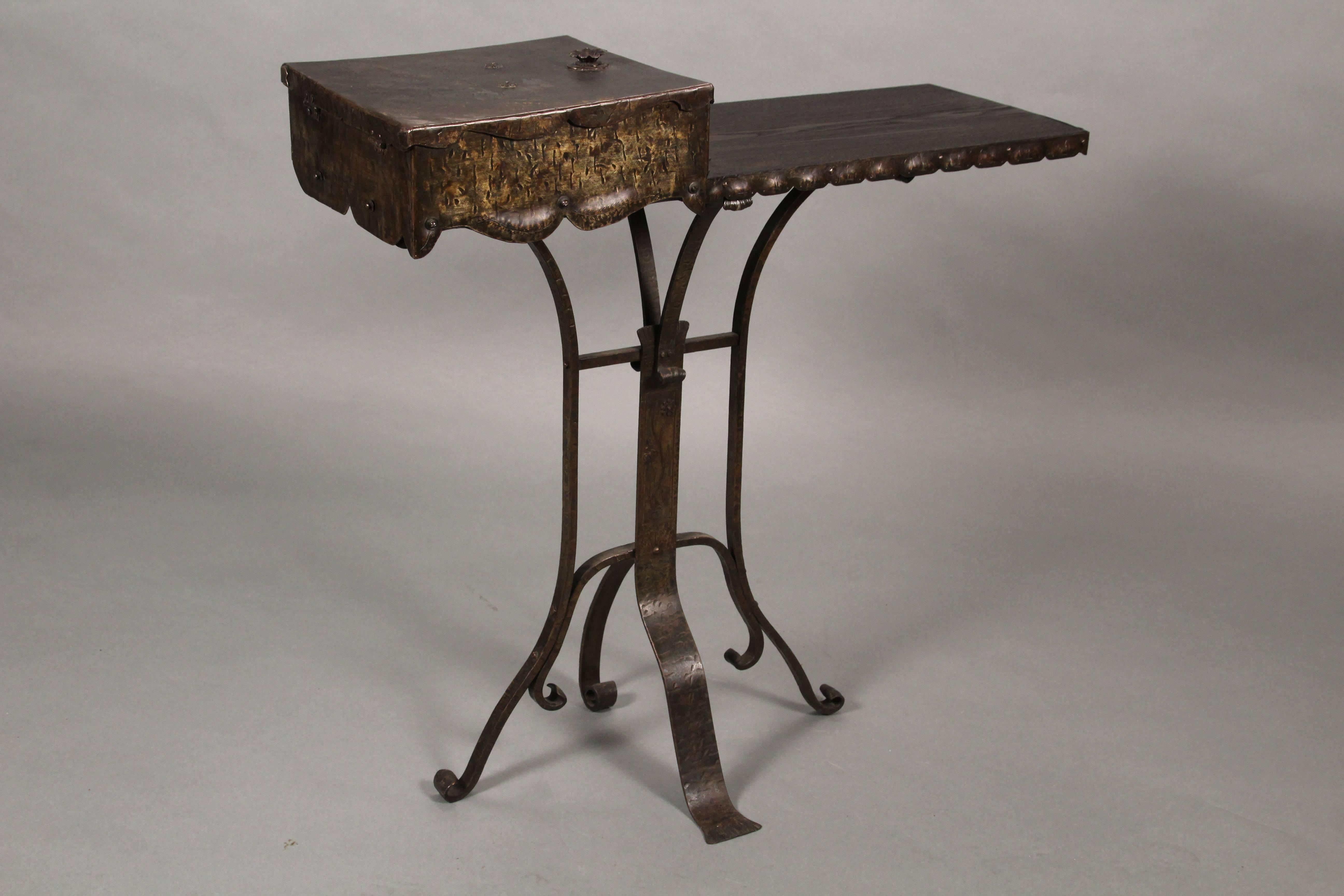 Early 20th Century Exceptional Small Iron and Copper Side Table with Chair For Sale