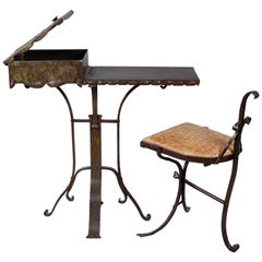 Antique Exceptional Small Iron and Copper Side Table with Chair