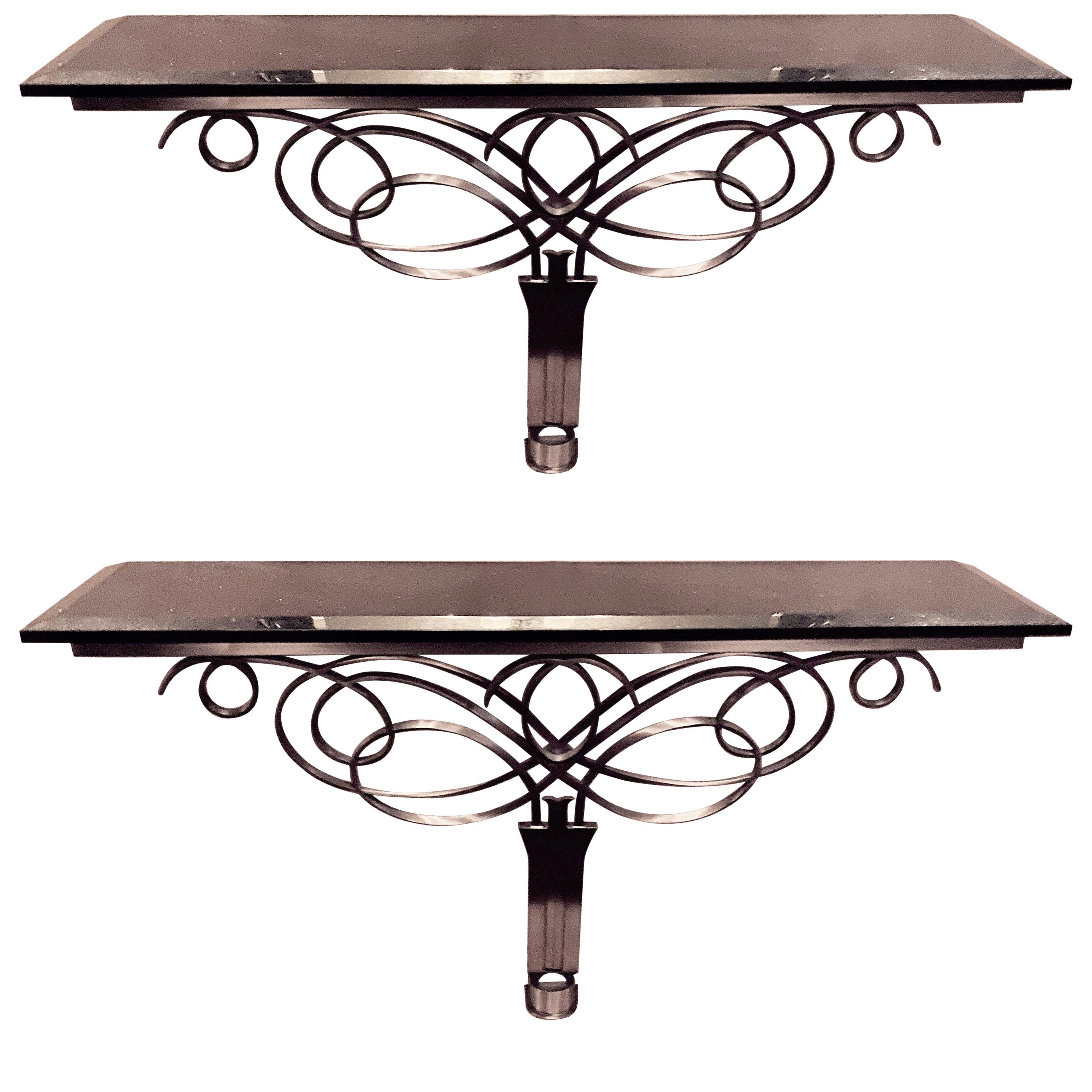Exceptional Solid Stainless & Marble Console Tables in the Style of Leleu, Pair