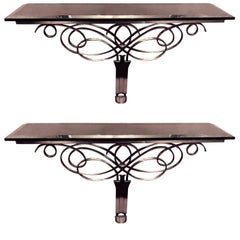 Vintage Exceptional Solid Stainless & Marble Console Tables in the Style of Leleu, Pair