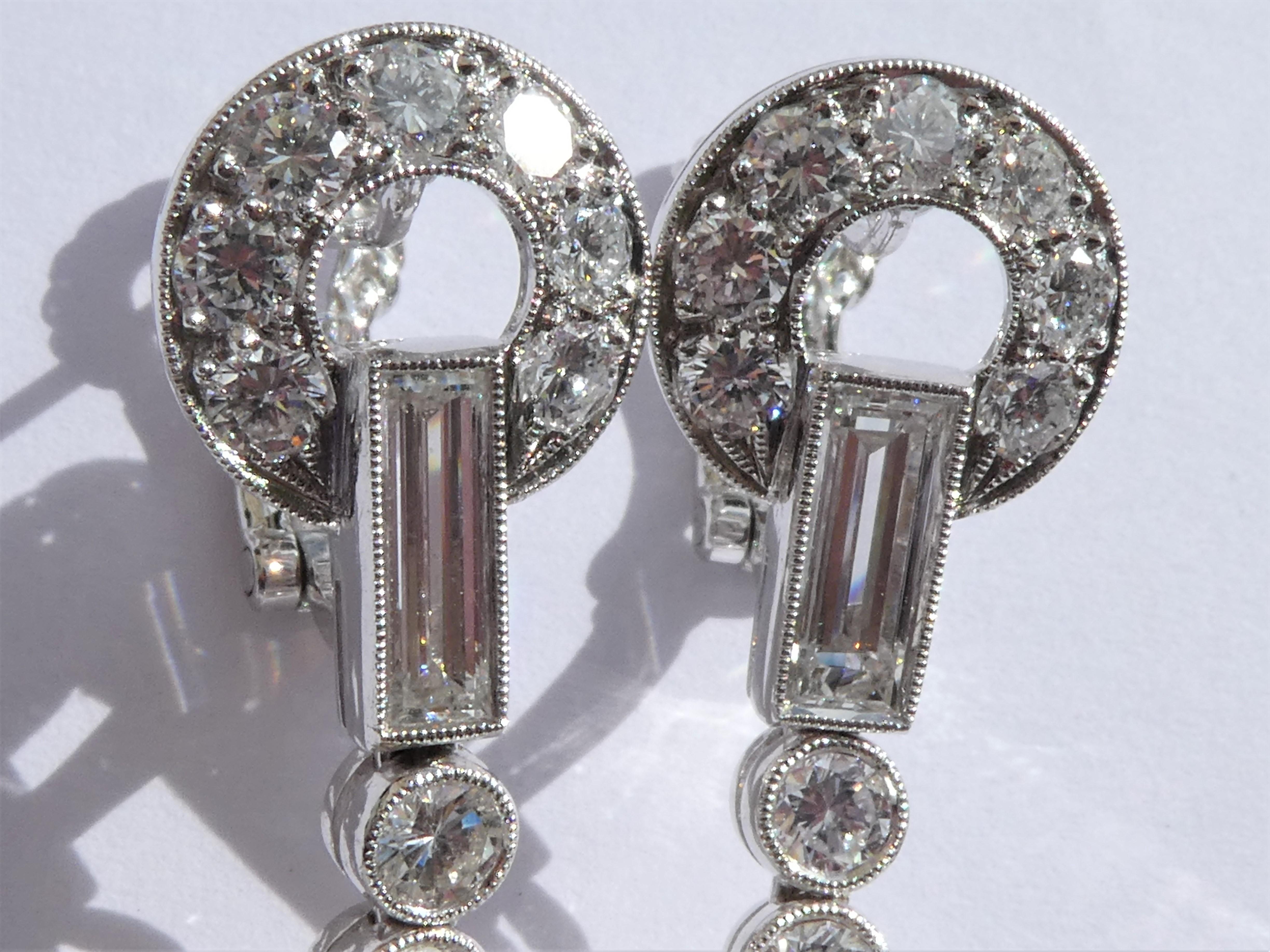Baguette Cut Exceptional South Sea Pearl Diamond 18 Karat White Gold Clip-On Drop Earrings For Sale